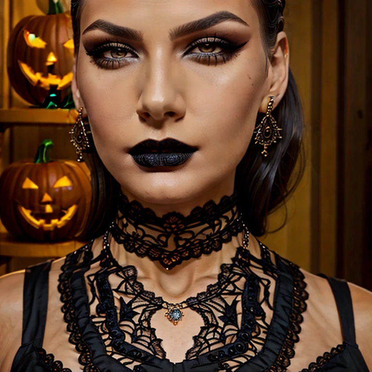 Very very very sexy girl, ((1girl)), solo, brunette hair, ((hair slicked back)), ((wearing a Halloween Black Lace Bib Necklace)), right shoulder reveling, face shot, Detailed skin, Detailed Face, Detailed Lips, Detailed Eyes, light make up, super detail lighting, seductive eyes, raised eyebrow, long eyelashes, jewelry, earrings, textured skin, looking at viewer, breast,