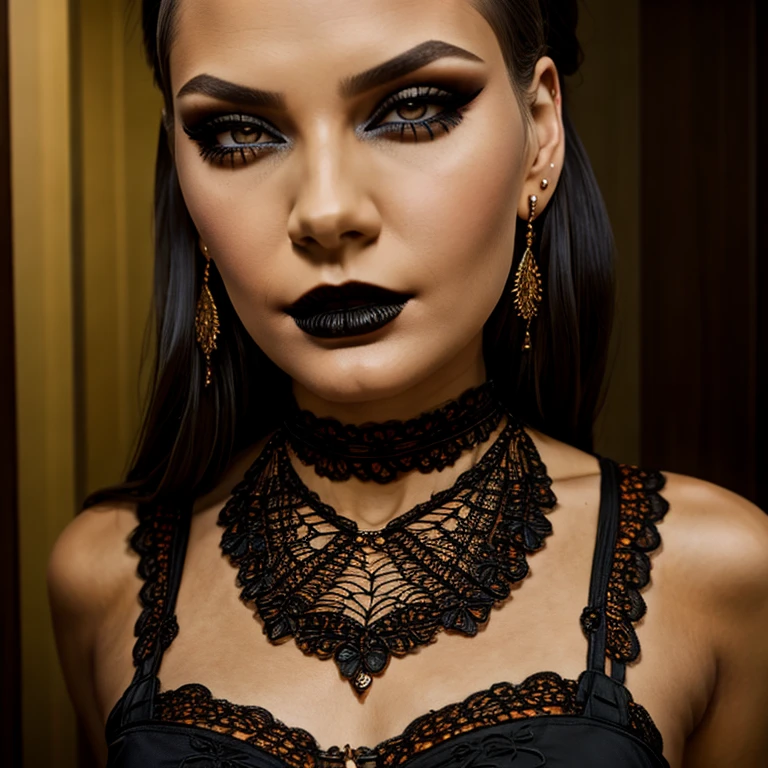 Very very very sexy girl, ((1girl)), solo, brunette hair, ((hair slicked back)), ((wearing a Halloween Black Lace Bib Necklace)), right shoulder reveling, face shot, Detailed skin, Detailed Face, Detailed Lips, Detailed Eyes, light make up, super detail lighting, seductive eyes, raised eyebrow, long eyelashes, jewelry, earrings, textured skin, looking at viewer, breast, 