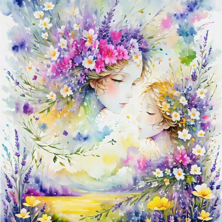 (masterpiece, best quality:1.2), Watercolor flower paintings present a delicate and refreshing visual effect. Wildflowers and lavender fields form a perfect combination of nature and romance. The screen mainly features a white background, highlighting the isolated watercolor flowers. The Splash technique reproduces the damp environment, creating a blurry and dreamy atmosphere. Unique composition and abstract expressions add artistic sensibility to the pictures, containing surrealistic elements. The overall color tone is mainly light, with light purple and green complementing each other, displaying high-resolution details. The splashing effect adds a sense of agility to the picture, and the light colors endow the flowers with a profound and restrained beauty.