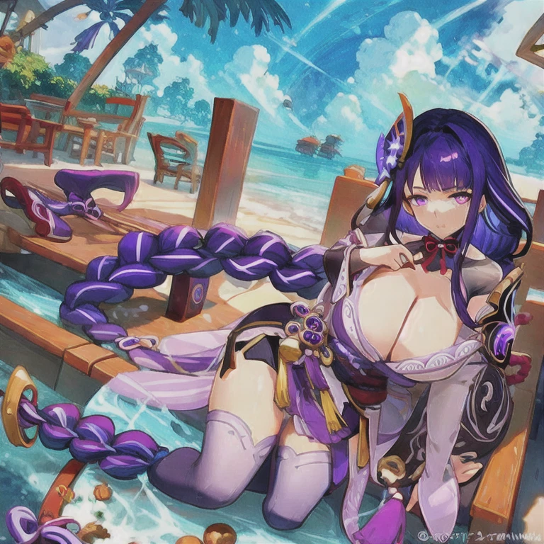 (masterpiece, best quality:1.2), 1girl, solo,masterpiece, best quality, girl, absurdly long hair, purple hair, braid, cute face, longeyelashes, purple eyes, huge breasts, artbook, game_cg, huge_filesize, Raiden Shogun,Genshin Impact,8K,Rich in detail