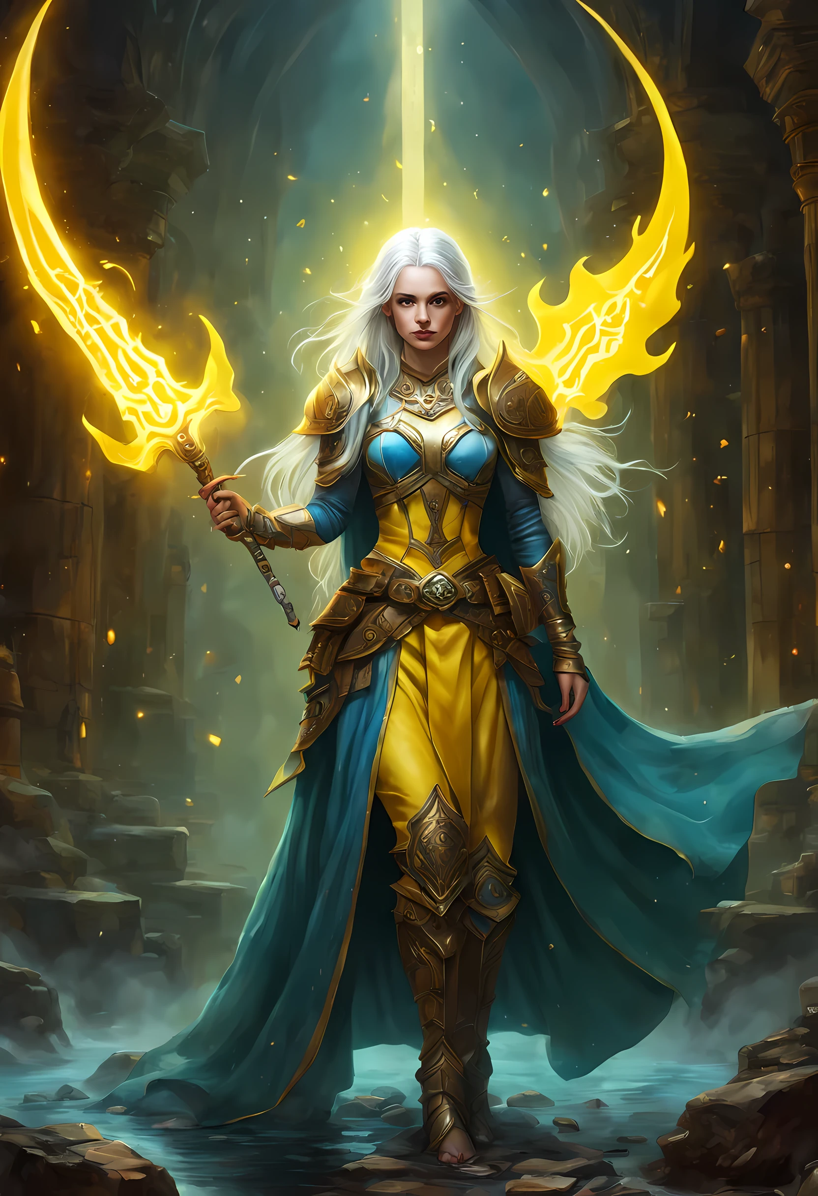 fantasy art, dnd art, RPG art, wide shot, (masterpiece: 1.4) a (portrait: 1.3) intense details, highly detailed, photorealistic, best quality, highres, GlowingRunesAI_yellow, portrait a female (fantasy art, Masterpiece, best quality: 1.3) , blue skasy art, Masterpiece, best quality: 1.3), intense details facial details, exquisite beauty, (fantasy art, Masterpiece, best quality) cleric, (blue: 1.3) skinned female, (white hair: 1.3), long hair, intense (green: 1.3) eye, fantasy art, Masterpiece, best quality) armed a fiery sword red fire, wearing heavy (white: 1.3) half plate mail armor, wearing high heeled laced boots, wearing an(orange :1.3) cloak, wearing glowing holy symbol GlowingRunes_yellow, within fantasy temple background, reflection light, high details, best quality, 16k, [ultra detailed], masterpiece, best quality, (extremely detailed), close up, ultra wide shot, photorealistic, RAW, fantasy art, dnd art, fantasy art, realistic art,((best quality)), ((masterpiece)), (detailed), perfect face, ((no ears: 1.6))