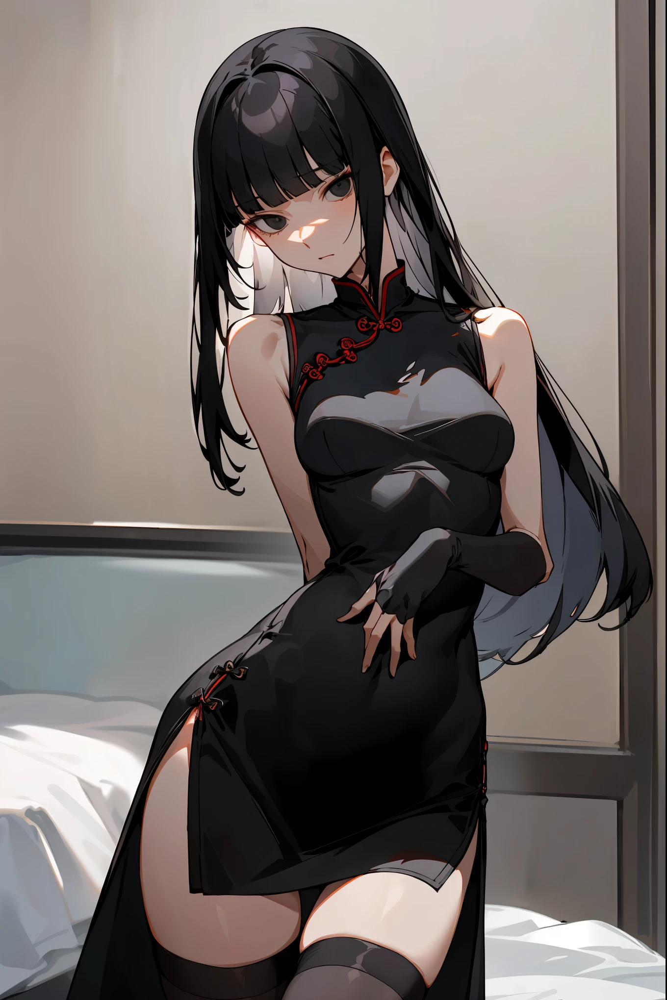  1woman,solo,Perfect Anatomy, cowboy shot,20 year old beauty,black hair,long  hair,blunt  bangs,black eyes ,slender body,ideal ratio body proportions,medium breasts,short black cheongsam dress、sleeveless、deep slit,thigh_gap, black_thighhighs,standing,simple bedroom、indoor lighting、simple hotel、