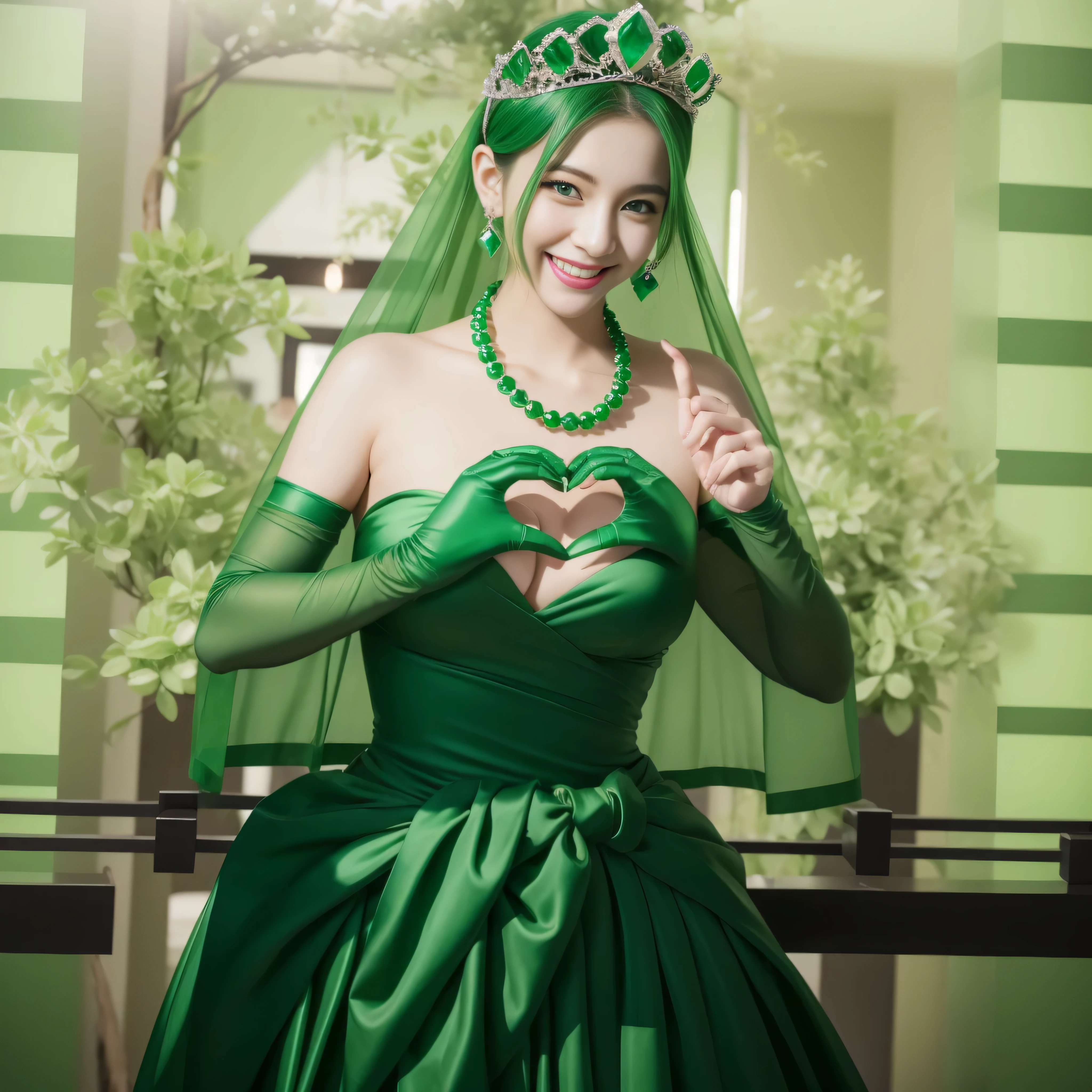 emerald tiara, green pearl necklace, ボーイッシュな非常に短いgreen hair, green lips, smiling Japanese woman, very short hair, Beauty with large breasts, green eyes, Long Green Satin Gloves, green eyes, emerald earrings, green veil, heart with both hands, green hair, beautiful japanese woman, heart shaped hands:1.3, green lip gloss