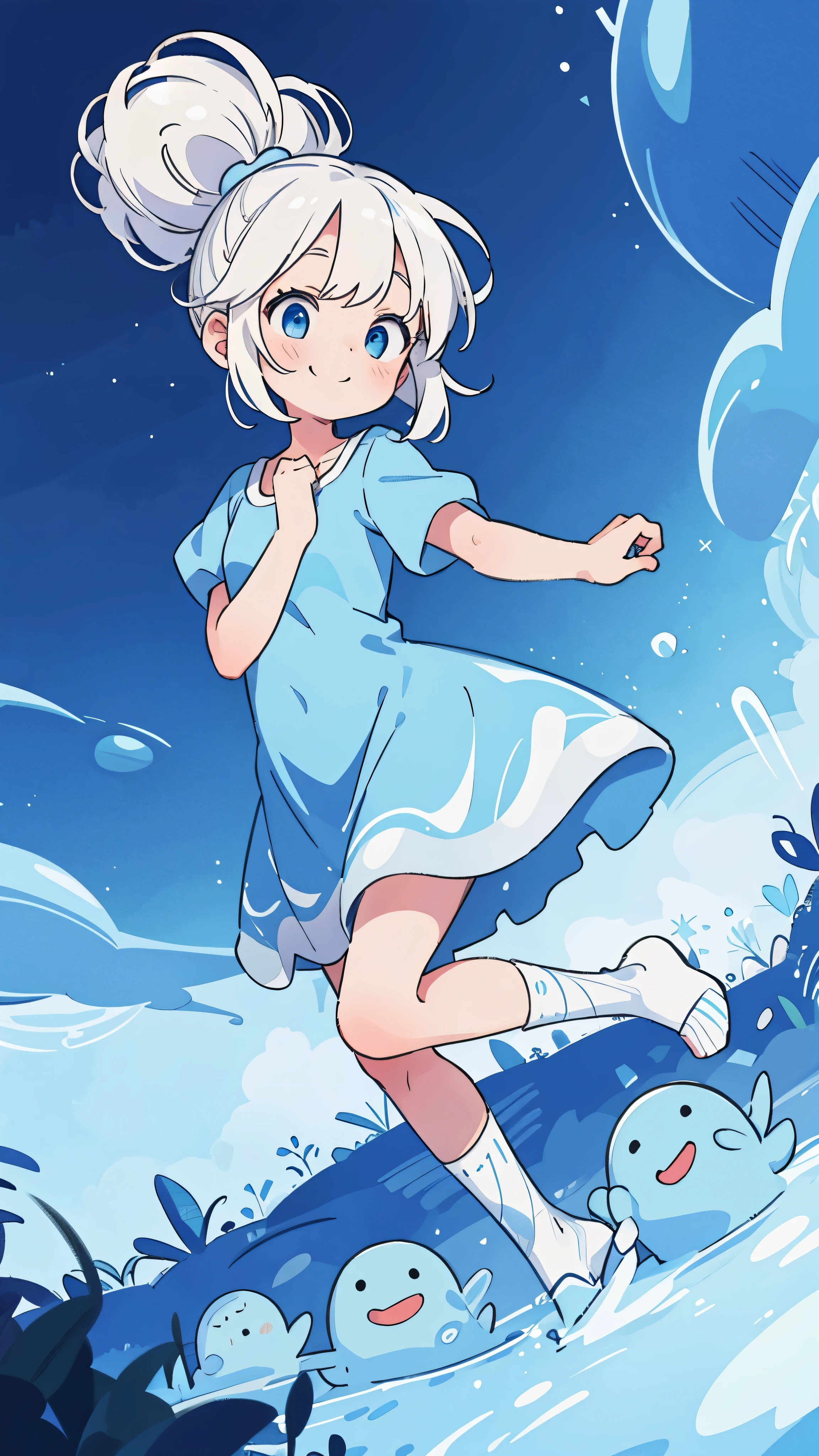 girl, fitting dress, panties visible, embarrassed, smiling, leg in bandages, fantastic landscape, It's working, White hair, Blue eyes, blue slime in the background,