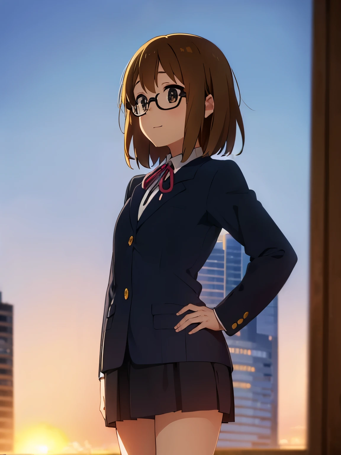 1girl, (((masterpiece))), top-quality, top-quality, High Details, Hirasawa Yui, 1girl, Sakuragaoka High School Uniform, student clothes, two yellow hairpin, short hair, A brown-haired, brown-eyed, glasses, 独奏, reddish, Dark blue blazer with thin blue ribbon, Solid white buttoned shirt under blazer, read a book, illustratio, comic strip, soothing tones, Subdued Color, Soft cinematic light, adobe lightroom, photolab, HDR, intricately and hyper-detailed、(((depth of fields))))。(((masterpiece)))。(((top-quality))).)((ultra-detailliert)))。(((illustratio)))。(((takeout))).dynamic focus.big breasts.(((Skyscrapers))).(((A city scape))).(((Face of happiness))). Smile mouth.(((put hands on the hip))).(((up chest))).((afternoon glow)).((the setting sun)).