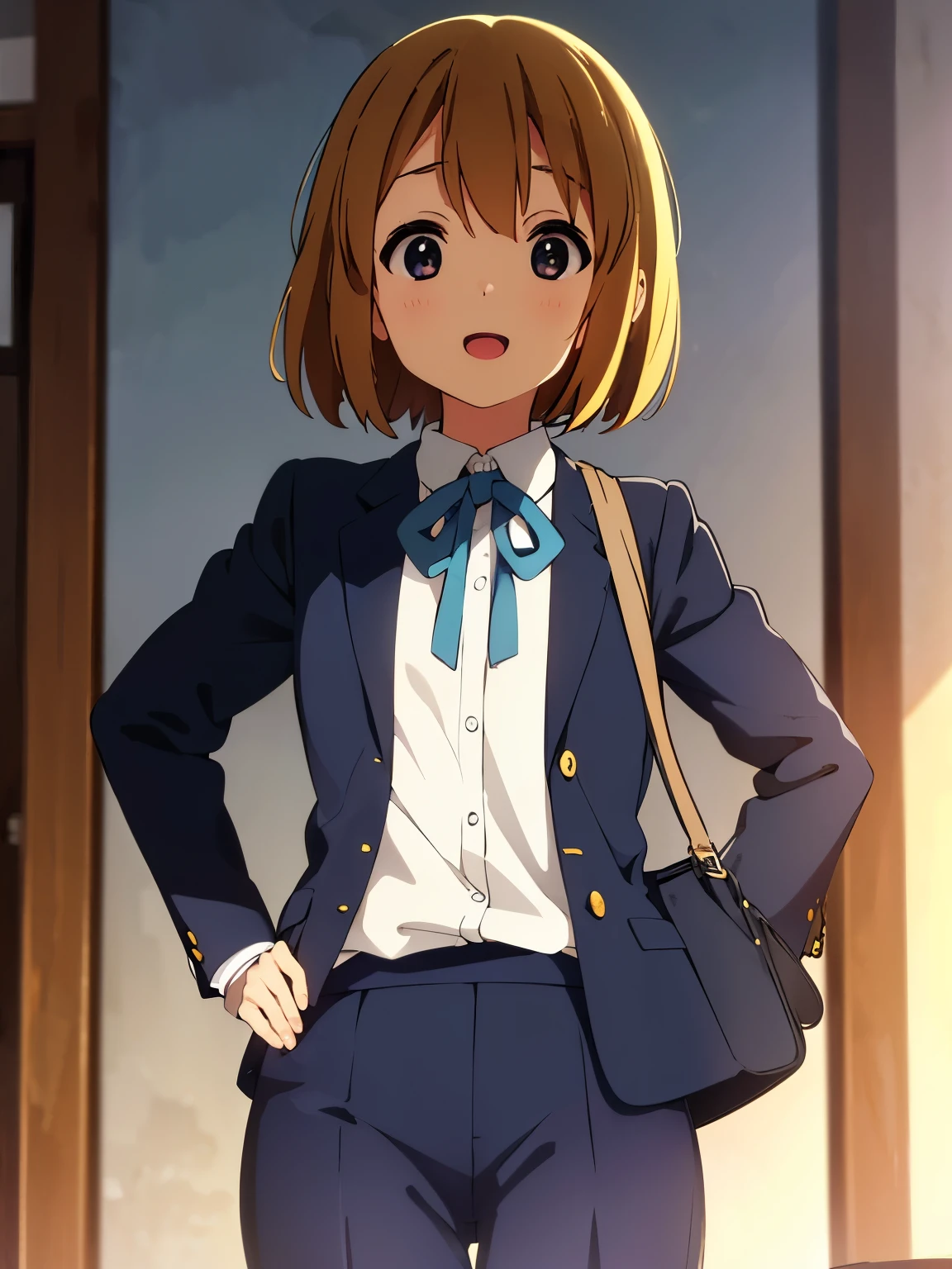 1girl, (((​masterpiece))), top-quality, top-quality, High Details, Hirasawa Yui, 1girl, Sakuragaoka High School Uniform, student clothes, two yellow hairpin, short hair, A brown-haired, brown-eyed, glasses, 独奏, reddish, Dark blue blazer with thin blue ribbon, Solid white buttoned shirt under blazer, read a book, illustratio, comic strip, soothing tones, Subdued Color, Soft cinematic light, adobe lightroom, photolab, HDR, intricately and hyper-detailed、(((depth of fields))))。(((​masterpiece)))。(((top-quality))).)((ultra-detailliert)))。(((illustratio)))。(((takeout))).dynamic focus.big breasts.(((Skyscrapers))).(((A city scape))).(((Face of smile))). open mouth.(((put hands on the hip))).(((up chest))).((afternoon glow)).((the setting sun)).