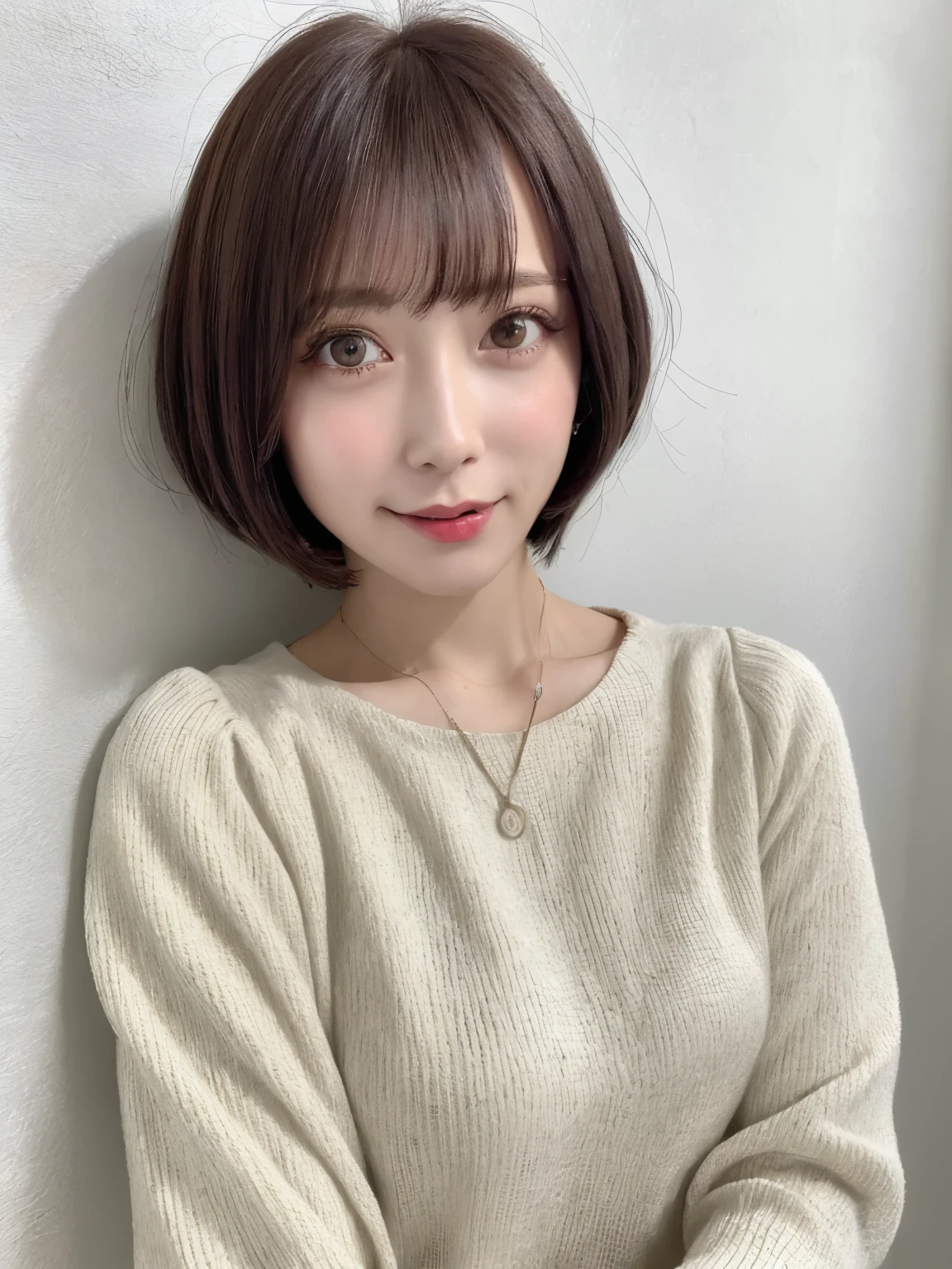 (highest quality、8K、Raw photo、32K、masterpiece、nffsw:1.2)、photo of cute japanese woman、bob hair、bob cut、short hair、The ends of the hair are pointing outwards、Upper body、surface focus、simple necklace、simple white back ground、From above、mix 4、(realistic、Photoreal:1.37)、1 girl、Shot in natural light、photon mapping、Physically based rendering、Handsome、excellent image quality、High resolution、1080P、(clean face)、(Detailed facial description)、(detailed description of hands)、(Masseter muscle part)、(Detailed CG)、 hair is dirty、rich details、(exquisite features)、(best image quality)、(masterpiece)、(detailed eye)、delicate clavicle、Versatile poses、profile、white wall、Spring clothes、long sleeve dress