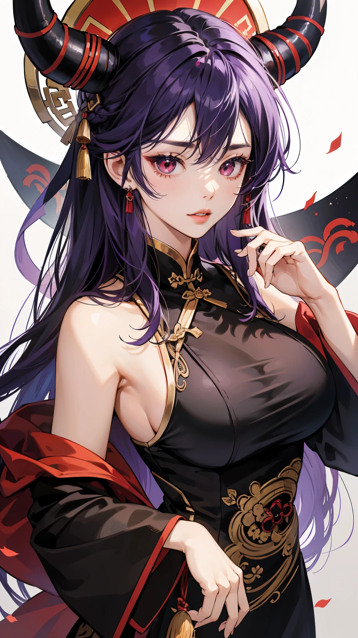 1girl, black chinese dress, chinese style hair, purple hair, 2 horns, red eyes, parted lips, masterpiece, ultra detailed, large breasts 