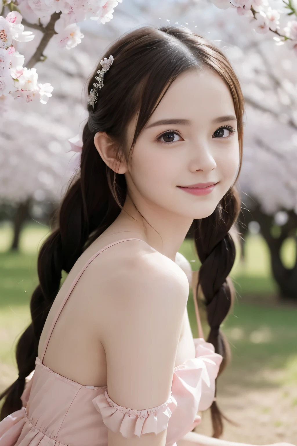 Masterpiece, Best quality, 8k, 18 ans, Photo brute, absurdes, Award-winning portrait, sourire, sourire, pure, french, pink black white dress, spring, , orchard in bloom, Italian, elegant, braids, sitting