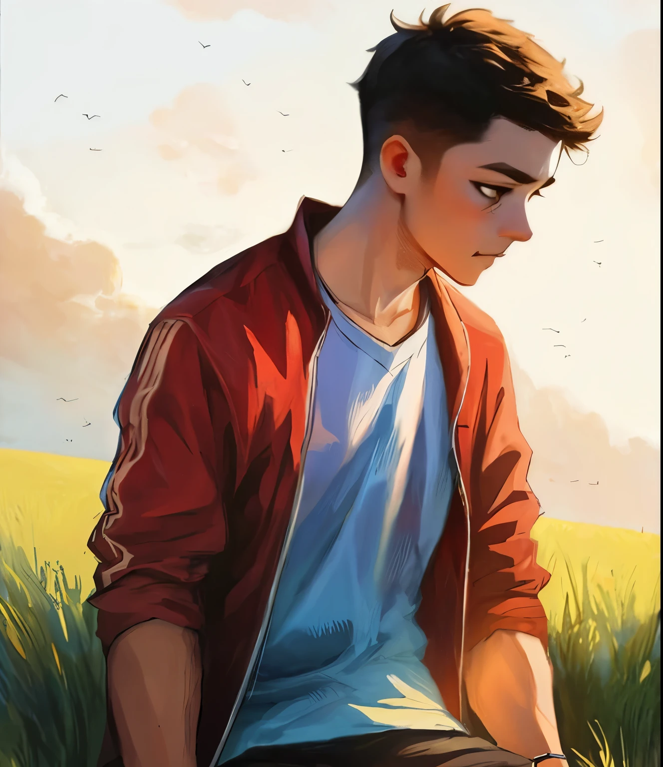 Samdoesart, um close de uma pessoa sentada em um banco em um campo, pintura extremamente detalhada, pixar, cartoon