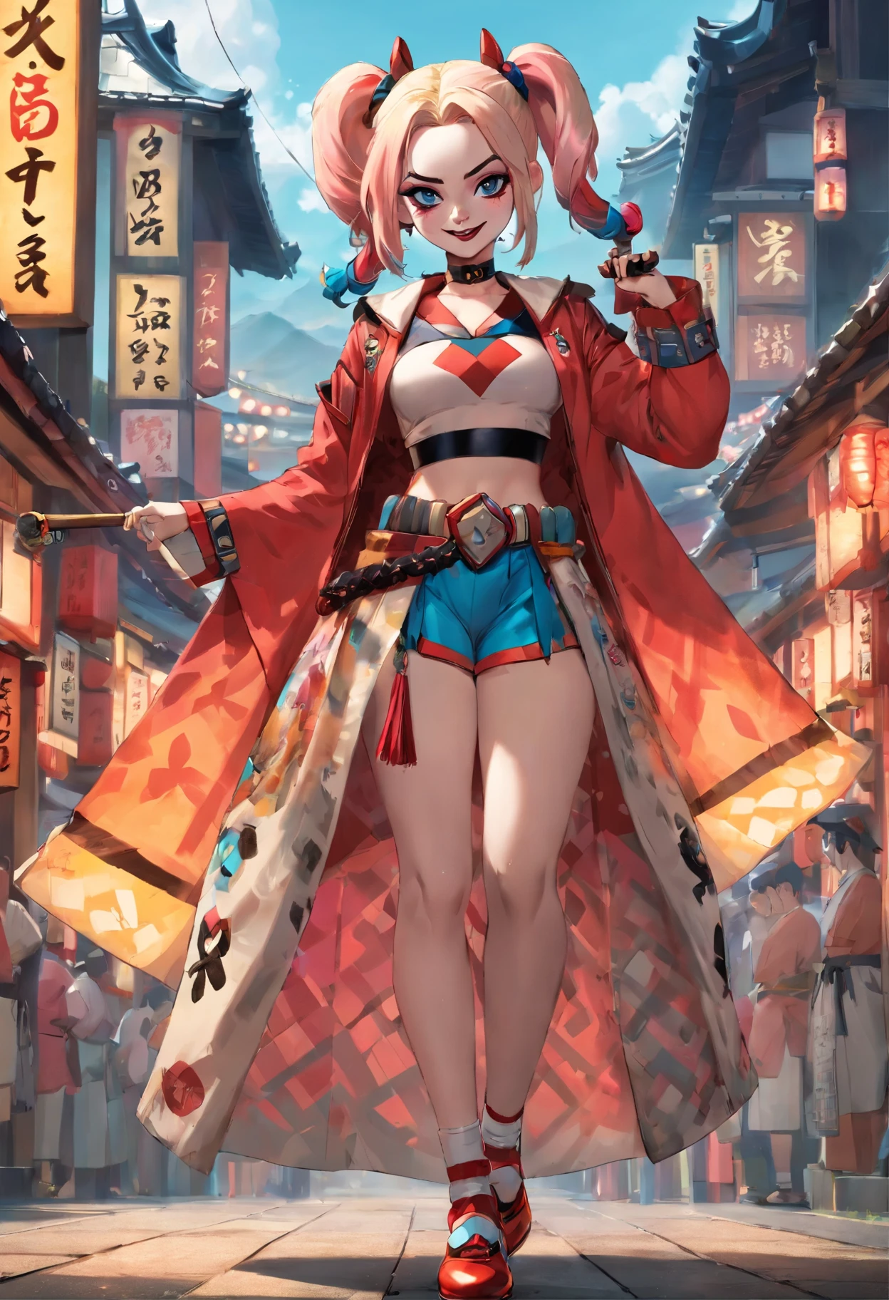 Harley Quinn con vestimenta samurai, de cuerpo entero , Japanese style , in Japan, ultra real 4k 