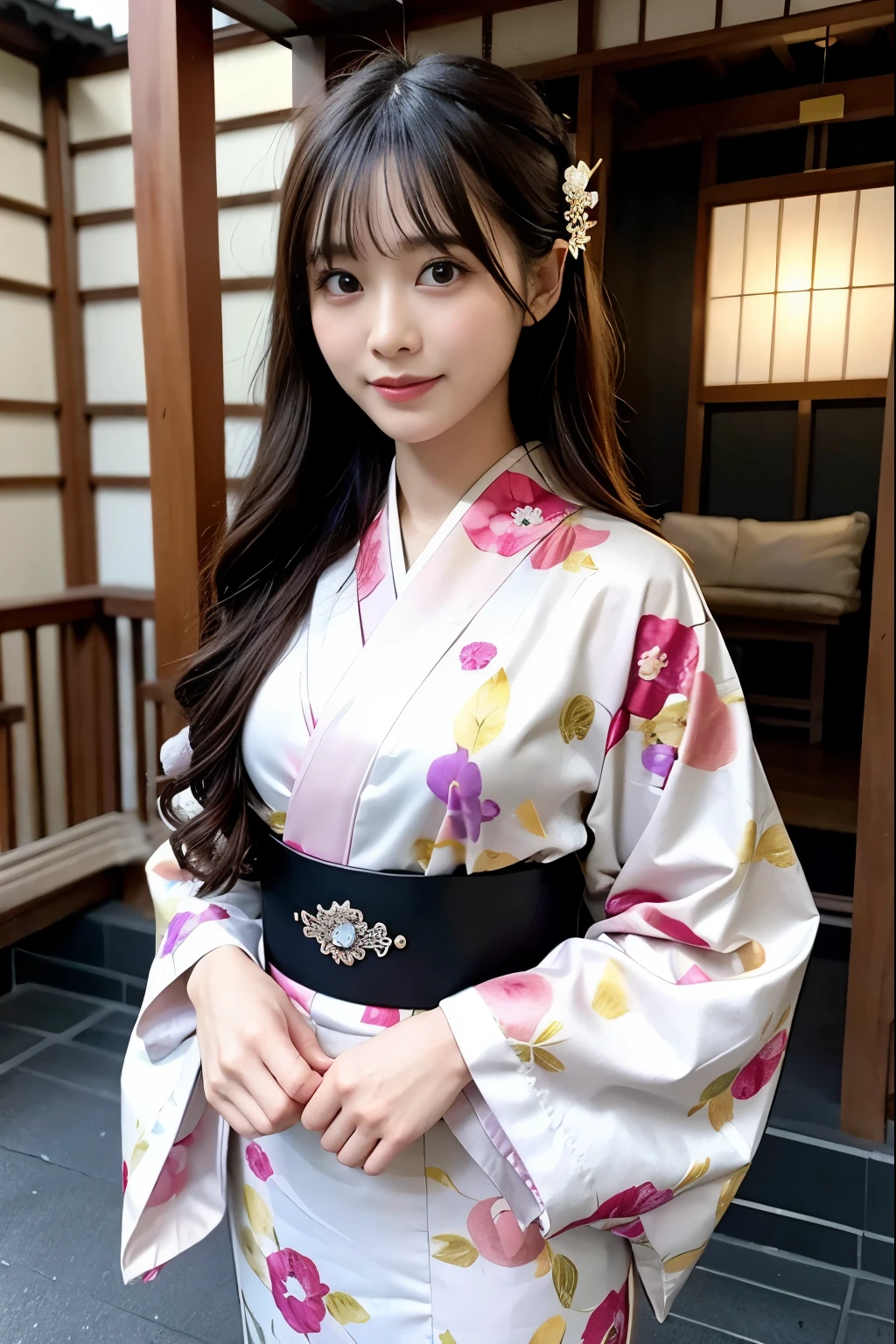 （super highest quality、In 8K、Masseter muscle part、delicate illustrations）、she is a very beautiful japanese housewife.（Around 30 years old）、Odango hairstyle（with hair ornament）、perfect body shape、（Japanese luxury kimono 1.1）、Outside the shrine of Japan、
