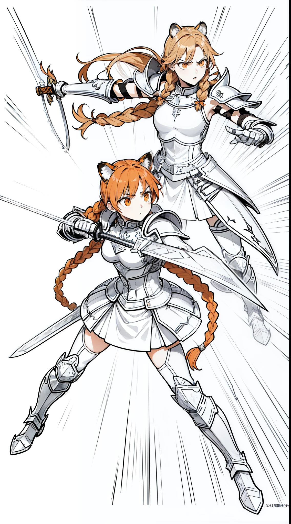 1girl,20 years old,mature female,tiger ears,long hair,(twin braids),(orange hair),templar knight armor,(white background,line drawing),angry,looking away,((attacking with a sword)),battle,attacking