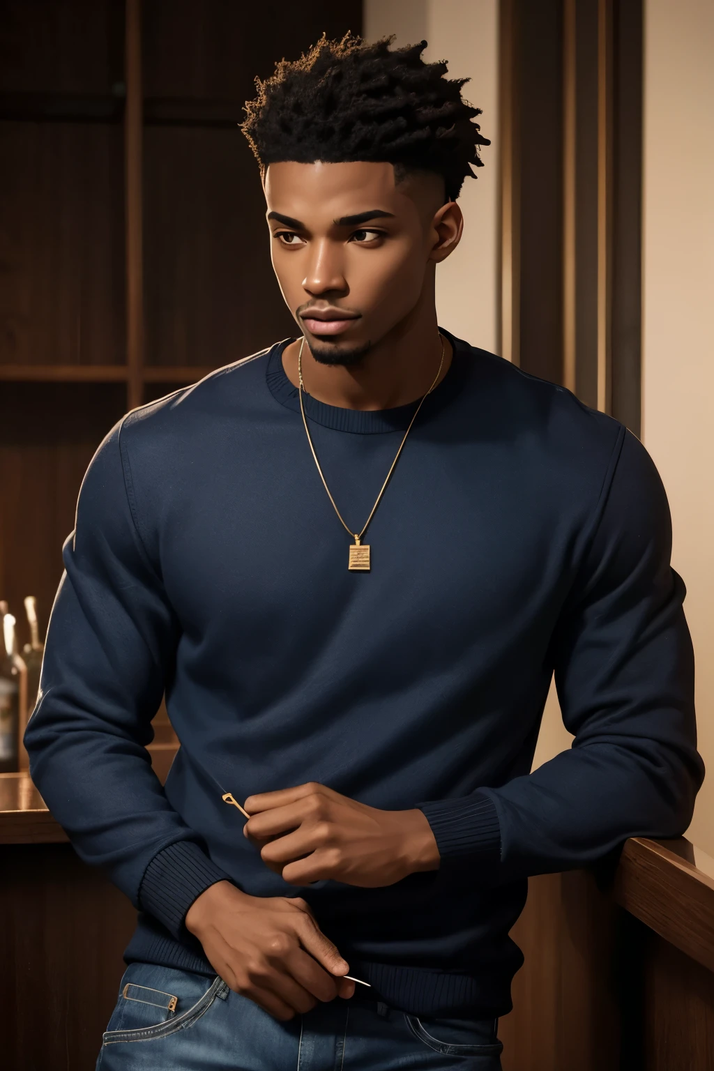 African American Male Age: In his early twenties.Build: Lean and wiry, with a subtle strength borne from navigating the streets of Washington DC.Height: Average height, standing around 5'9" tall.Complexion: Deep, rich brown skin, a reflection of his African American heritage.Hair: Short and practical, his wiry hair is styled in a neat, low-maintenance cut.Facial Features: Angular and expressive, with a determined jawline and soulful eyes that betray a depth of experience.Scars: Faint scars crisscross his skin, reminders of past challenges and encounters.Clothing Style: Malik dresses in casual, urban attire that reflects his environment. practical yet stylish in their simplicity.Accessories: Minimalist accessories such as a watch or a few understated pieces of jewelry add a touch of personal flair to his ensemble. https://image.cdn2.seaart.ai/2024-02-09/cn3ap8de878c73dm6r30/41f1d00fb28e643792f0dcaa70c4c60f23cd41e5_high.webp at a fancy bar drinking whisky and smoking a cigar
