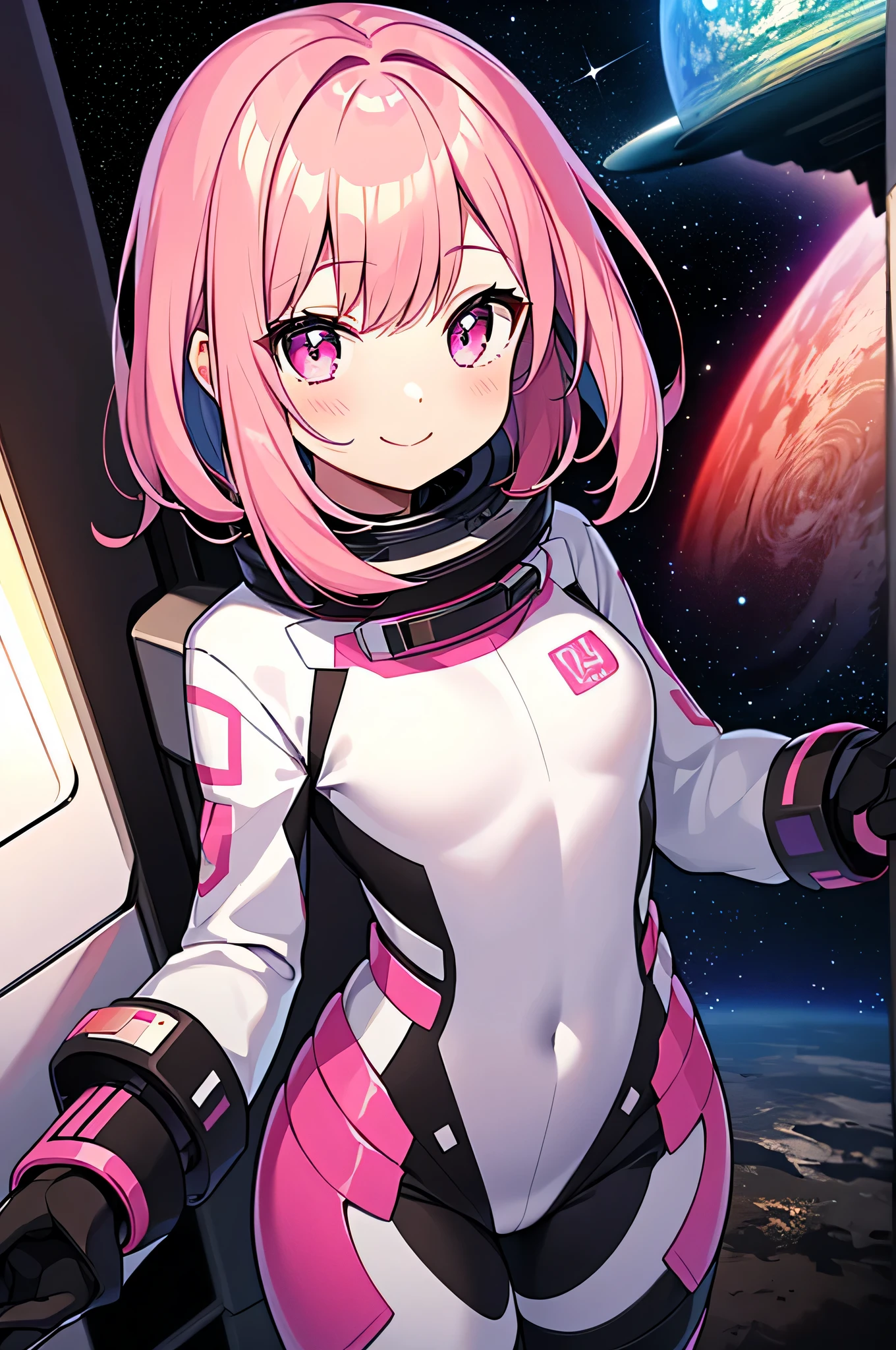 girl, pink hair, detailed pink eyes, pink and black spacesuit, cute smile, wandering in space, planet in background