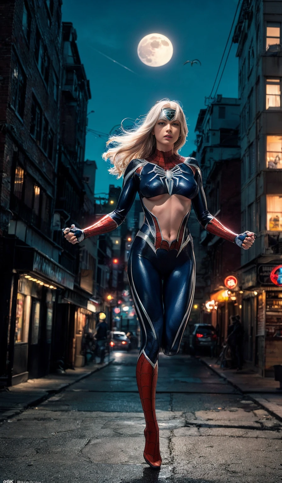 (((full body photo))) (Masterpiece, 4k resolution, ultra-realistic, very detailed), (White superhero theme, charismatic, there's a girl on top of town, wearing Spider-Man costume, she's a superhero), [ ((25 years), (long white hair:1.2), full body, (blue eyes:1.2), ((Spider-Man pose),show of strength, jumping from one building to another), ((sandy urban environment):0.8)| (cityscape, at night, dynamic lights), (full moon))] # Explanation: The Prompt mainly describes a 4K painting of ultra-high definition, very realistic, very detailed. It shows a superheroine at the top of the city, wearing a Spider-Man costume. The theme in the painting is a white superhero theme, the female protagonist has long white hair, is 25 years old and her entire body is shown in the painting. In terms of portraying the actions of superheroines, spiders are employed, (masterpiece:1.4), (8k, photorealistic, RAW photo, best quality: 1.4), (no bra:1.4), perky_nipples, (ratio fingers:1.5), ((exposed_nipples, exposed breasts, high proportional realistic breasts, realistic medium breasts):1.3)