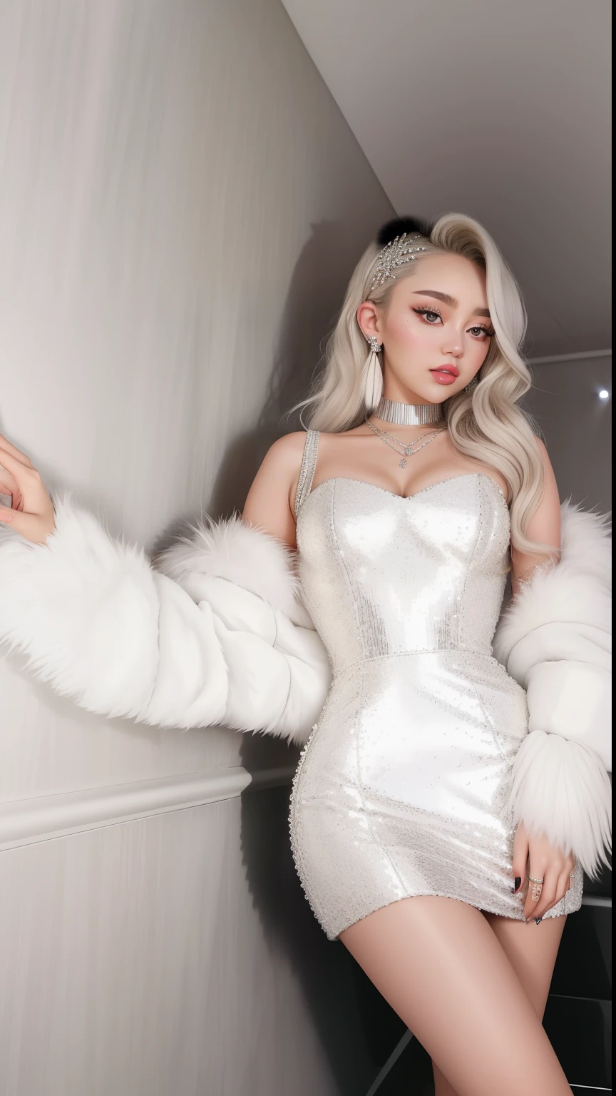 araffe woman in a white dress and fur coat posing for a picture, portrait of kim petras, miley cyrus, diamond shimmering dress, dasha taran, wearing a sparkling dress, cl, wearing silver dress, lalisa manobal, sydney sweeney, taken in the early 2020s, nico wearing a white dress, glossy magazine photoshoot