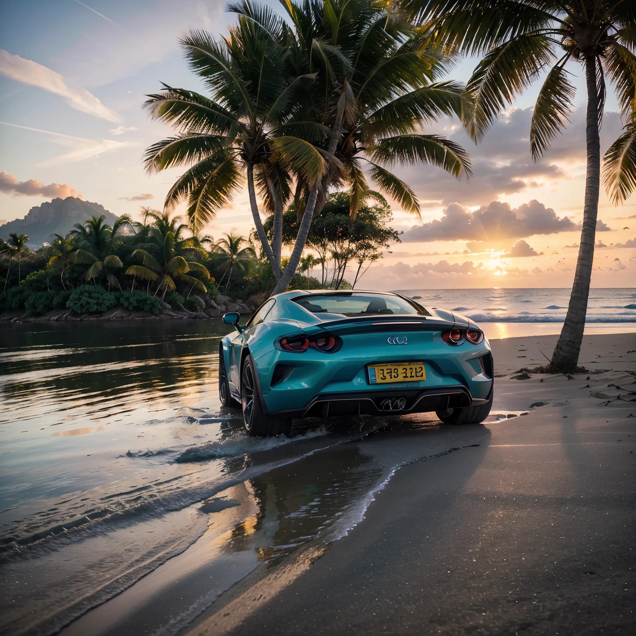 two sports cars driving towards the horizon with a tropical landscape, 3D cartoon style rendering, alta qualidade, ultra-detalhado, realista, cores vibrantes, studio lighting, lush vegetation, Palmeiras, clear blue sky, ondas do oceano cintilantes, praia arenosa, reflections on the shiny surface of the car, dynamic movement, design atraente, Vibrant sunset colors, perspectiva imersiva, sharp focus, cores vibrantes e saturadas, estilo desenho animado