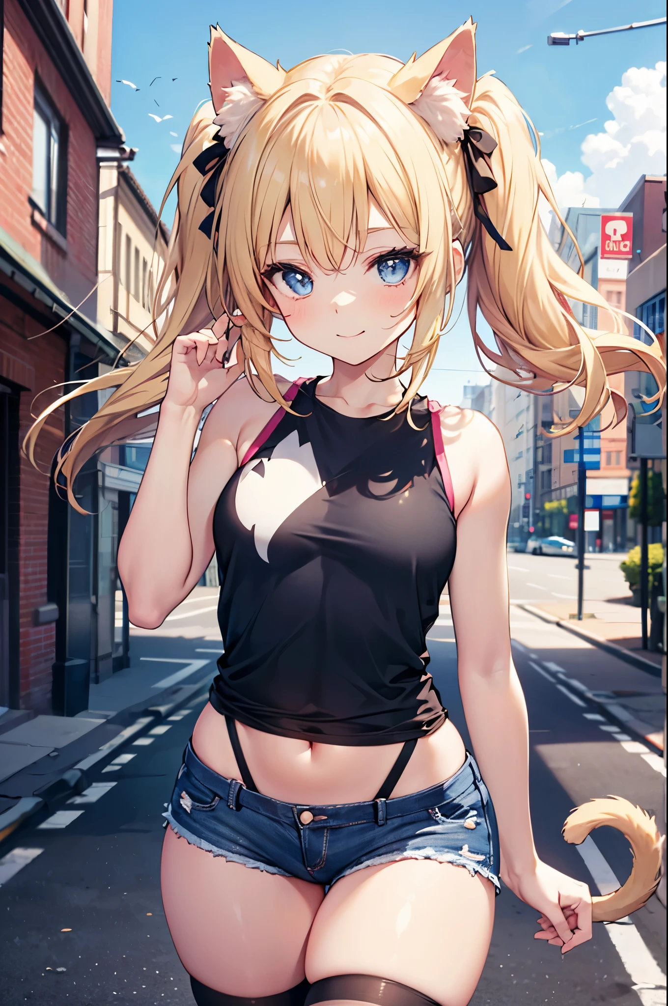 realistic image, coherent image, detailed image, 1 beautiful girl, She has blonde hair, long, silky hair styled with two heart-shaped pigtails, blue eyes, she has cat ears, a cat tail, her face is oval and delicate , smiling shyly. She is wearing a short, sleeveless t-shirt, showing her navel, mini shorts, mid-thigh stockings, and sneakers. She has a curvy body, small breasts, thick thighs, surrounded by buildings, windy day,