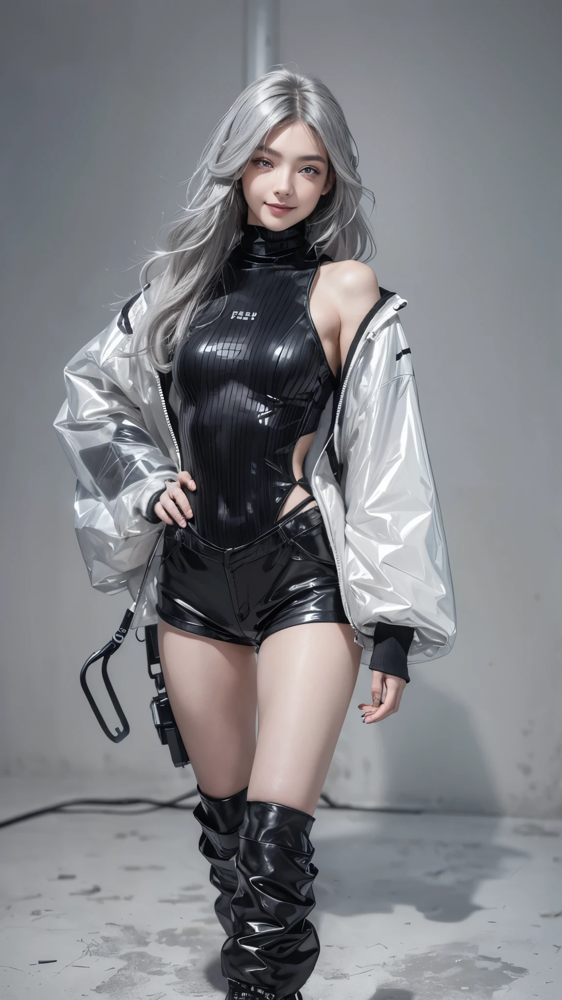 (Realistic:1.2), (fashion portrait:1.6), (brand collection, fashion brand theme:1.6), (detailed, beautiful, masterpiece, best quality:1.2), _ BREAK (1girl:1.2), 22 years old, 160 cm, Japanese cute model, Tightened all body, medium Breasts, small head, small face, diamond Face, small nose, Sharp Faceline, Detailed face, Detailed eyes, young hands and fingers, beautiful hands and fingers, five fingers, _ BREAK (happy, smile, Glossy Lips:1.3), (Light color lips, Half open mouth, beautiful Teeth:1.2), (dropy eyes, Double eyelid, light color eyes, Shiny eyes:1.5), Shiny skin, _ BREAK (arranged hairstyle:1.4), (gray hair, shiny hair, _ BREAK (gray background:1.4), mist, fog , Natural white lightning, _ BREAK (wide angle:1.4), (standing, fashion model pose:1.4), focus face, from below, BREAK (Cyberpunk and wool fusion:1.3), ((wear an oversized black wool turtleneck with rubberized surface) for a luxurious, futuristic, bodysuit, High legs, nylon, and Breaker feel:1.2), (Wear an oversized nylon black outerwear over a bodysuit:1.2), (wide sleeves:1.2), (3/4 length:1.2), (simple yet cyberpunk-themed design:1.3), BREAK (black and White theme:1.3), (Low rise short pants with a black subtle reflective pattern:1.2), BREAK (White and black horizontal stripes SOCKS:1.2), (Zettai Ryouiki:1.2),(super Thick sole technical High Sneaker with sleek metal details:1.3), (edgy and versatile:1.2),(Long drooping silver pierce:1.2),