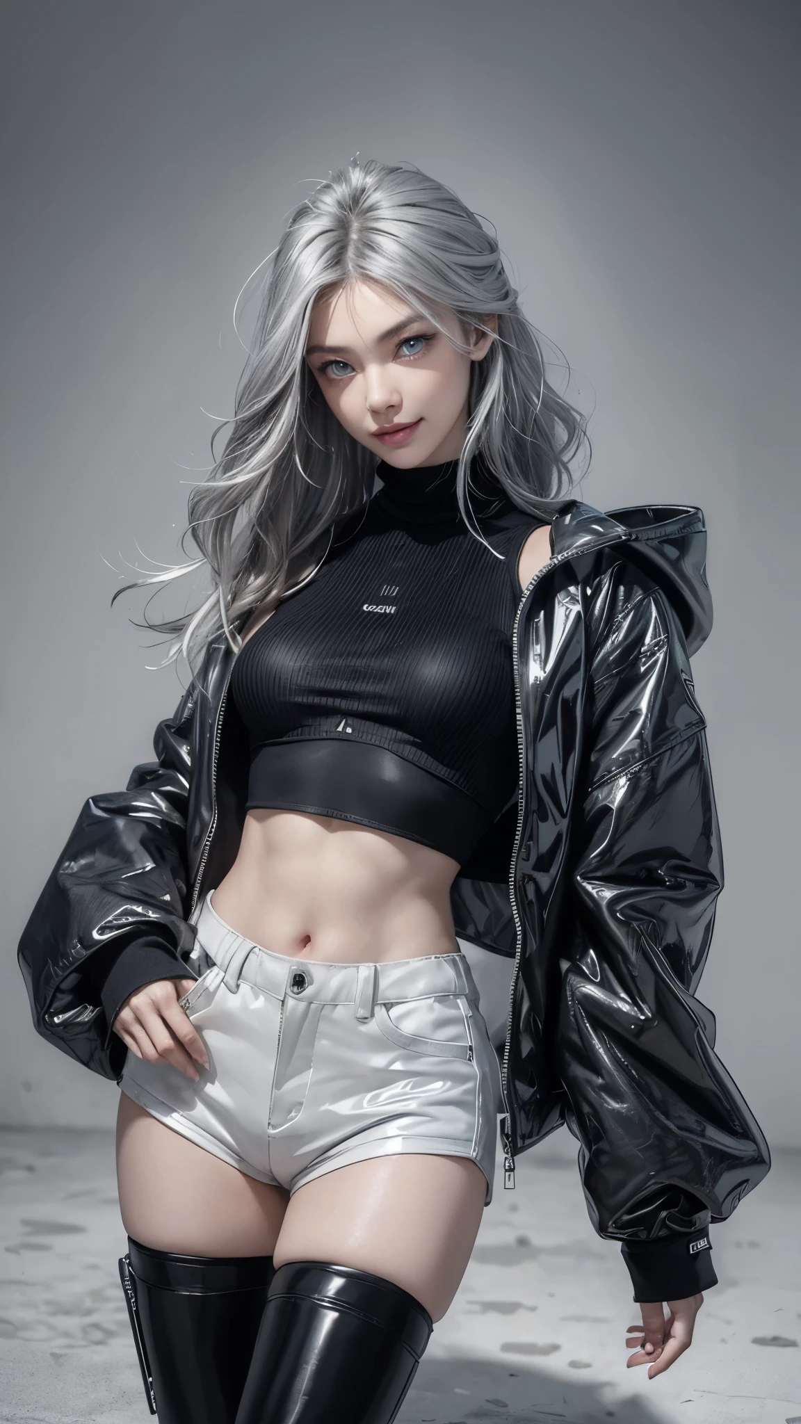(Realistic:1.2), (fashion portrait:1.6), (brand collection, fashion brand theme:1.6), (detailed, beautiful, masterpiece, best quality:1.2), _ BREAK (1girl:1.2), 22 years old, 160 cm, Japanese cute model, Tightened all body, medium Breasts, small head, small face, diamond Face, small nose, Sharp Faceline, Detailed face, Detailed eyes, young hands and fingers, beautiful hands and fingers, five fingers, _ BREAK (happy, smile, Glossy Lips:1.3), (Light color lips, Half open mouth, beautiful Teeth:1.2), (dropy eyes, Double eyelid, light color eyes, Shiny eyes:1.5), Shiny skin, _ BREAK (arranged hairstyle:1.4), (gray hair, shiny hair, _ BREAK (gray background:1.4), mist, fog , Natural white lightning, _ BREAK (wide angle:1.4), (standing, fashion model pose:1.4), focus face, from below, BREAK (Cyberpunk and wool fusion:1.3), ((wear an oversized black wool turtleneck with rubberized surface) for a luxurious, futuristic, bodysuit, High legs, nylon, and Breaker feel:1.2), (Wear an oversized nylon black outerwear over a bodysuit:1.2), (wide sleeves:1.2), (3/4 length:1.2), (simple yet cyberpunk-themed design:1.3), BREAK (black and White theme:1.3), (Low rise short pants with a black subtle reflective pattern:1.2), BREAK (White and black horizontal stripes SOCKS:1.2), (Zettai Ryouiki:1.2),(super Thick sole technical High Sneaker with sleek metal details:1.3), (edgy and versatile:1.2),(Long drooping silver pierce:1.2),