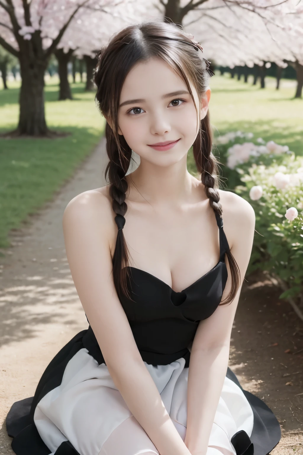 Masterpiece, Best quality, 8k, 18 ans, Photo brute, absurdes, Award-winning portrait, sourire, sourire, pure, french, pink black white dress, spring, , orchard in bloom, Italian, elegant, braids, sitting, beautiful body