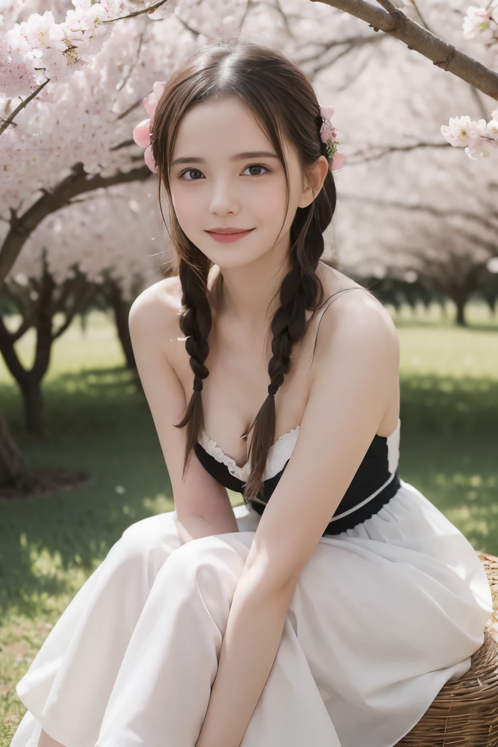 Masterpiece, Best quality, 8k, 18 ans, Photo brute, absurdes, Award-winning portrait, sourire, sourire, pure, french, pink black white dress, spring, , orchard in bloom, Italian, elegant, braids, sitting, beautiful body