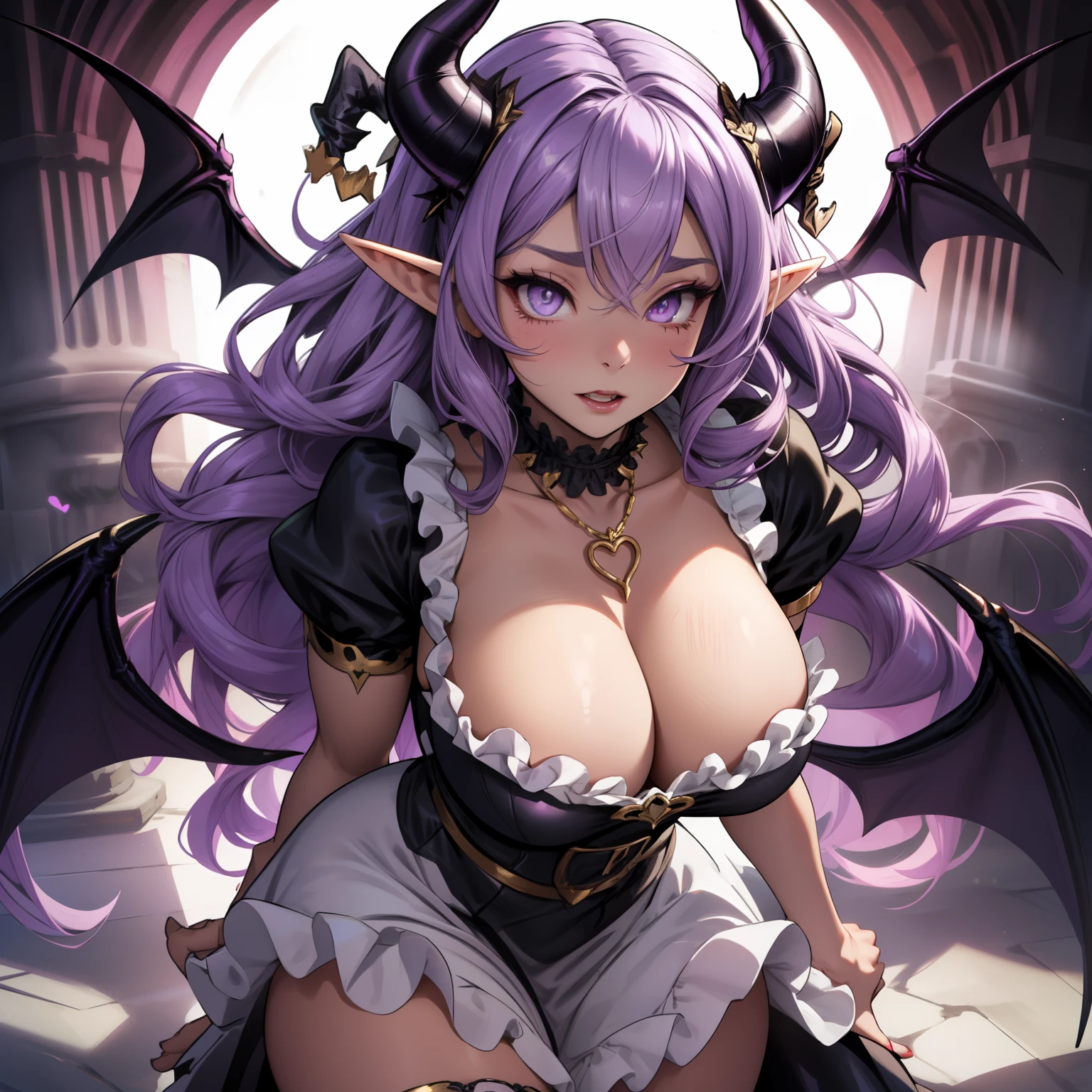 Anime style demon female with long curly lavender hair, demonic goddess, succubus, curvy, thicc, has horns, has small bat wings, elf ears, has a lace outfit with ruffles and frills, pretty dress with a plunging necklace, has gold accessories, cute expression on her face, heart accents on clothing, dynamic pose, perfect eyes, perfect masterpiece, posed with her arms behind her back, solo, alone, (SOLO)(ALONE), wearing lipstick