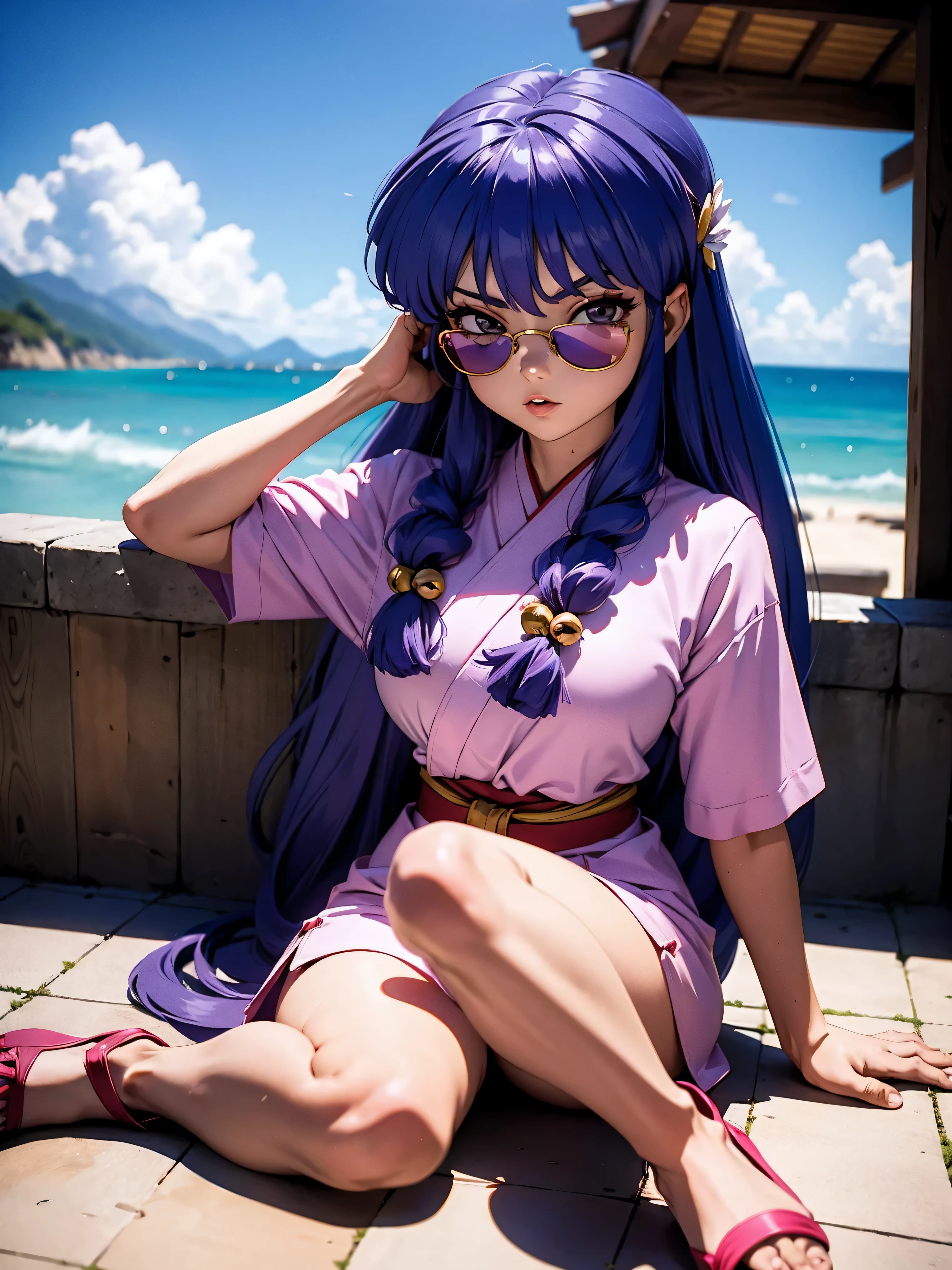 Garota anime cabelo purple com kimono pink sexy, with sunglasses, Ray-Ban Sunglasses, , corpo bonito, seios grandes, with hands behind head, running your hands through your hair, hand perfectly on the waist, hand on hip, Garota sexy, purple cabelo , gorgeous lighting, sombras suaves, olhos azuis, pernas bonitas, hair with braid, estilo anime, personagem Shampoo Chan, Autora Rumiko Takahashi, Baseado em obra de Rumiko Takahashi, Anime Ranma 1/ 2, decote sexy, quadril robusto, corpo inteiro, corpo inteiro, busto grande, garota jovem com corpo belo e bonito, sandals on his feet, garota 16 anosbaixa estatura, wearing a sexy pink kimono and sunglasses, Ray-Ban Sunglasses, garota anime, estilo anime, beautiful feet in sandals, sitting on the floor, 45° viewing angle, ao ar livre, postura ereta, postura reta