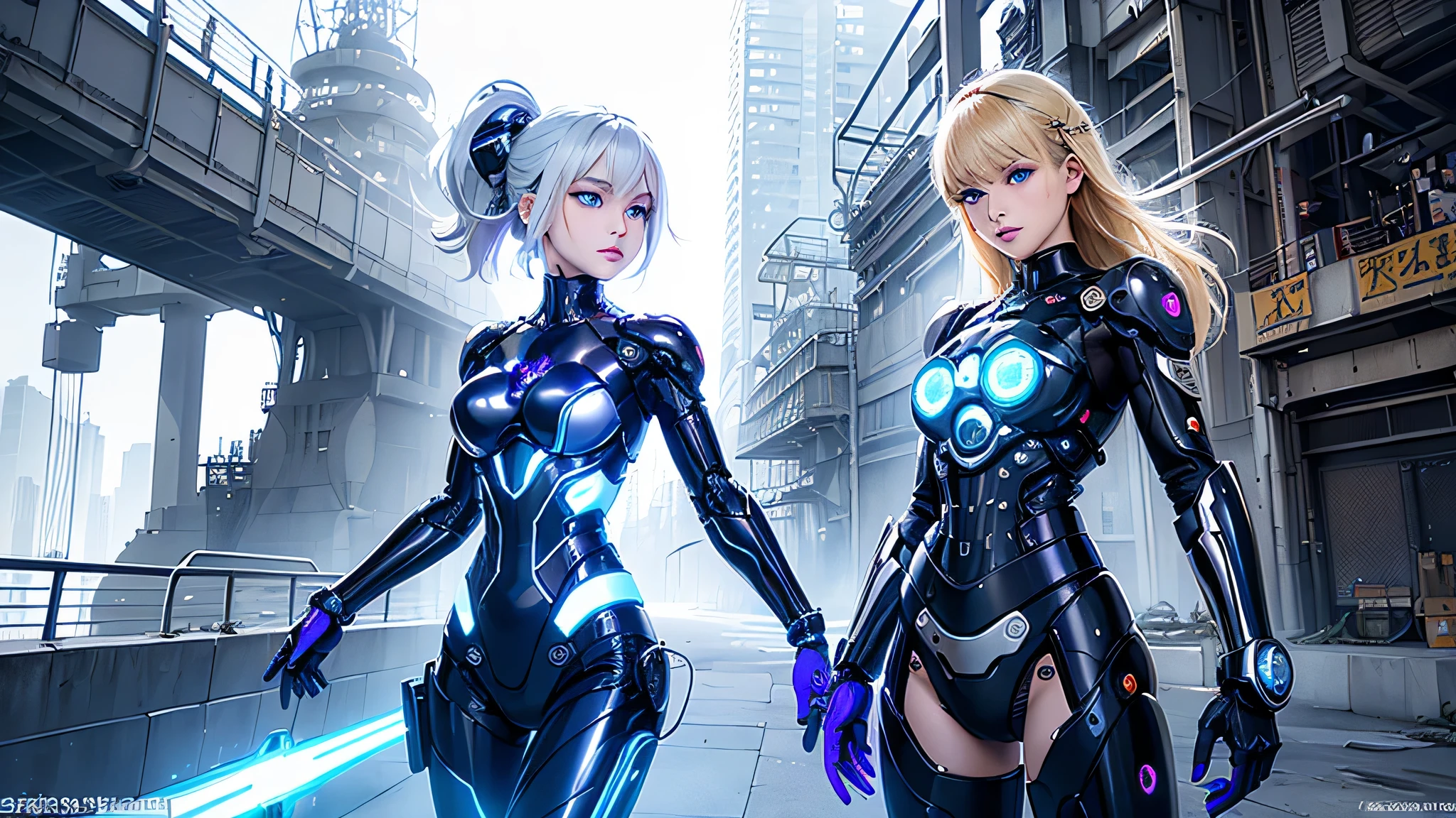 two young women, futuristic combat suit && short && colada, one has black suit+dourado com saia short o outro traje preto+purple, One has blonde hair, the other has black hair., beautiful young women, partially exposed body, 20 && 23 year old, hourglass-body, a thin, the other strong, interior environment of a futuristic building end of the future style, Futuristic building, fully body, proximity 1.0, high qualiy, Latest Generation, gazing at viewer, standing