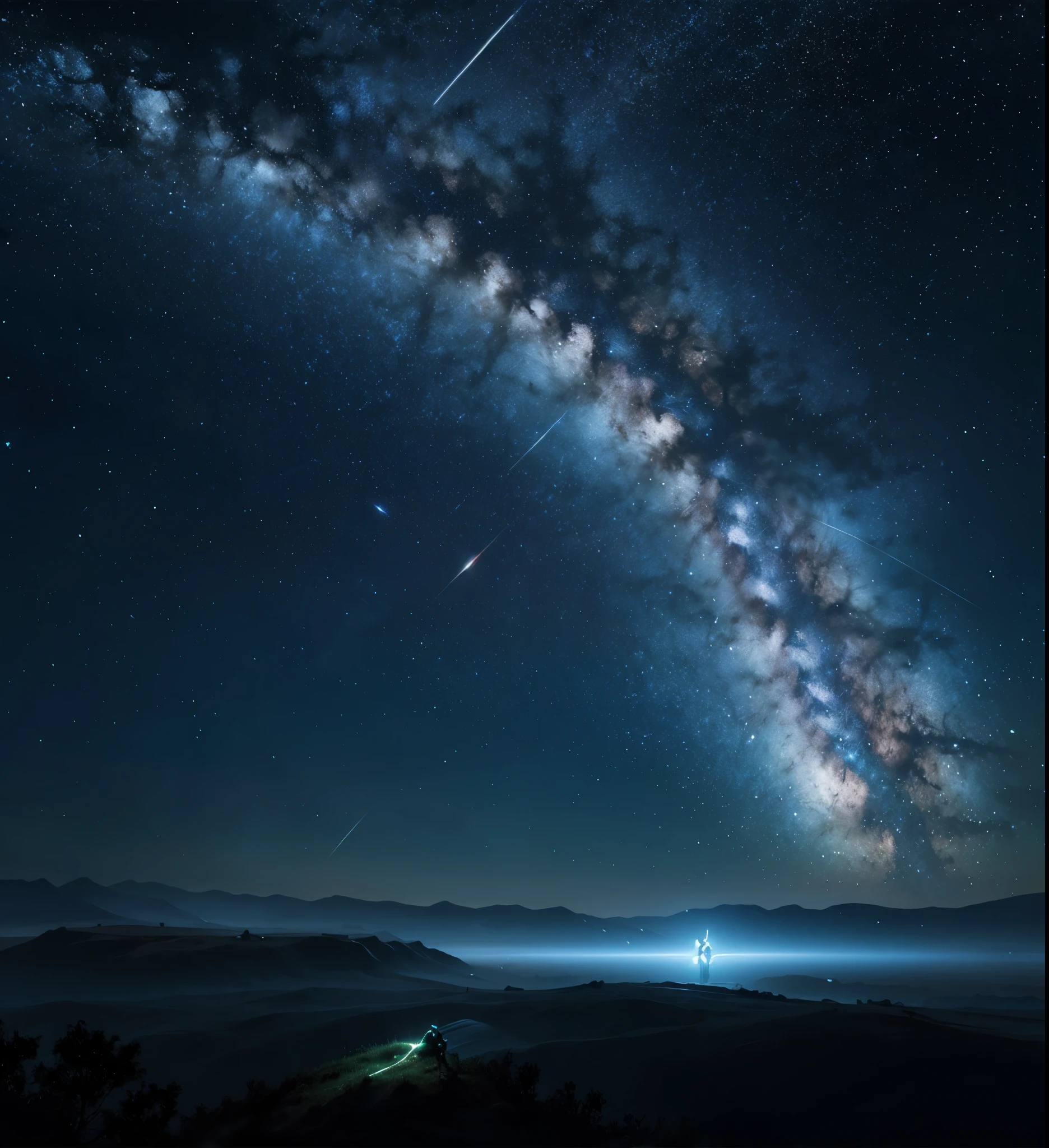 a digital landscape painting，The background is a dark starry sky，The sky is dotted with stars, Anton Fadeev, League of Legends concept art, detailed matte, fantasy art，Also decorated with shooting stars