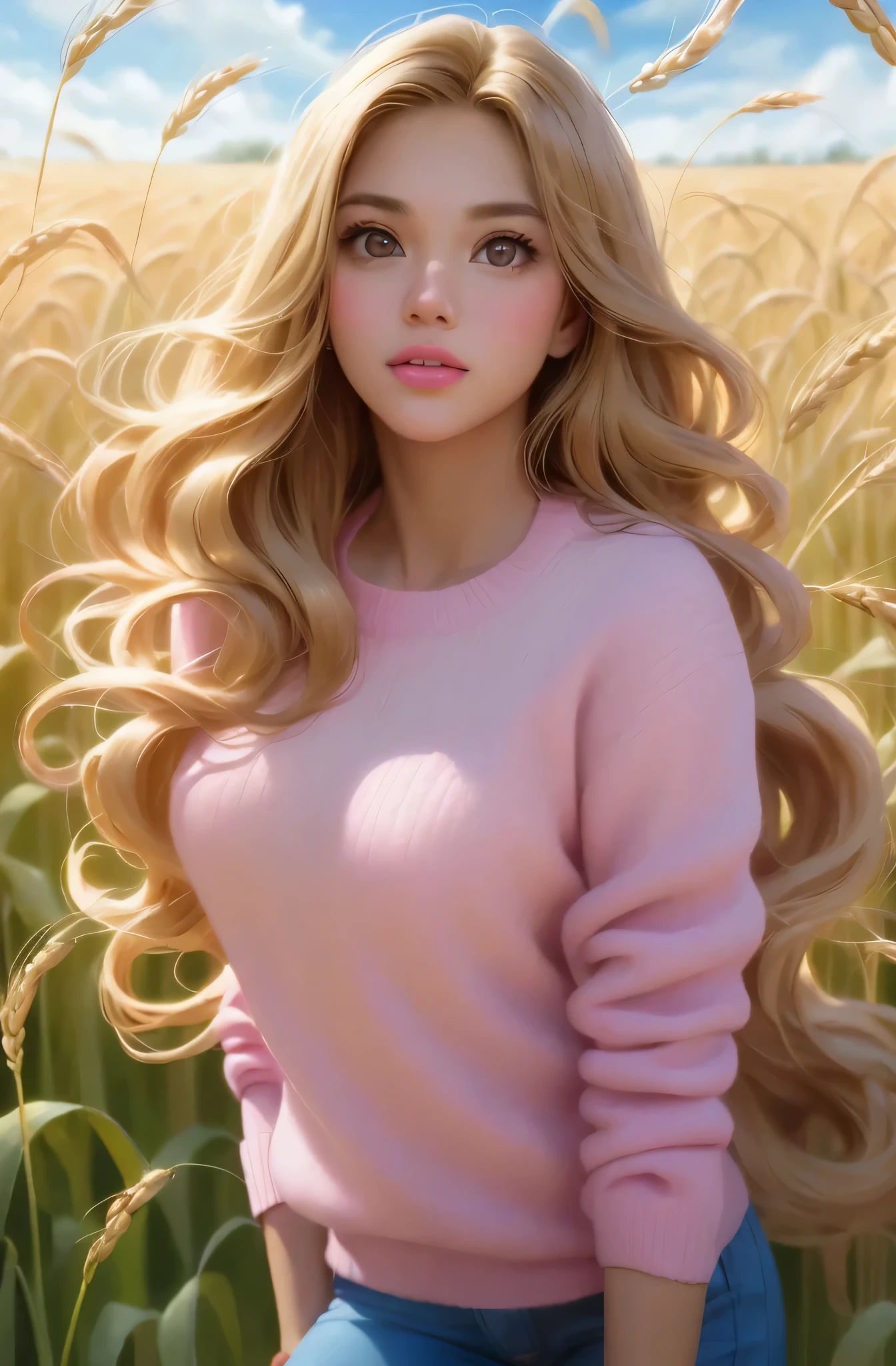 blonde haired girl in pink sweater and jeans posing in a field of wheat, blonde anime girl with long hair, adorable digital painting, cute detailed digital art, beautiful digital painting, beautiful digital artwork, gorgeous digital painting, beautiful digital illustration, realistic artstyle, realistic cute girl painting, cute digital art, realistic digital art 4k, realistic digital art 4 k, render of april