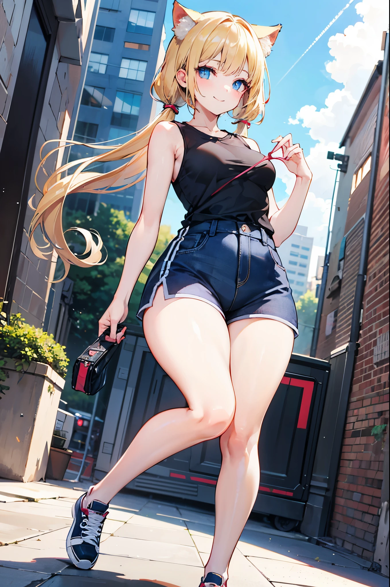 realistic image, coherent image, detailed image, 1 beautiful girl, She has blonde hair, long, silky hair styled with two heart-shaped pigtails, blue eyes, she has cat ears, a cat tail, her face is oval and delicate , smiling shyly. She is wearing a short, sleeveless t-shirt, mini shorts, mid-thigh stockings, and sneakers. She has a curvy body, small breasts, thick thighs, surrounded by buildings, windy day,