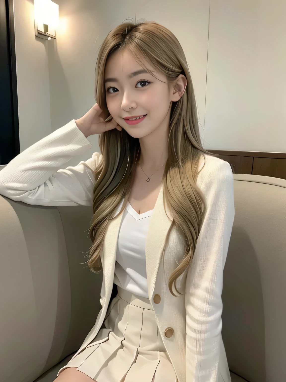 (8,000; Best Quality: 1.2), (Realistic, Realistic: 1.2), Lovely, Solo, Sky is Beautiful and Clear, Night, Moisture, Watching the Audience, (Sit: 1.5) Date, Mirai, (Nose Brush), (Smile: 1.15), Delicate eye (Deep Blonde: 1), Floating Hair Nova FrogStyle, White Suit Jacket, Burton T-shirt, Beige Pleats Skirt, Makeup, Lover's Smile, Beautiful (8,000, Yes, RAW Photo: 1.2