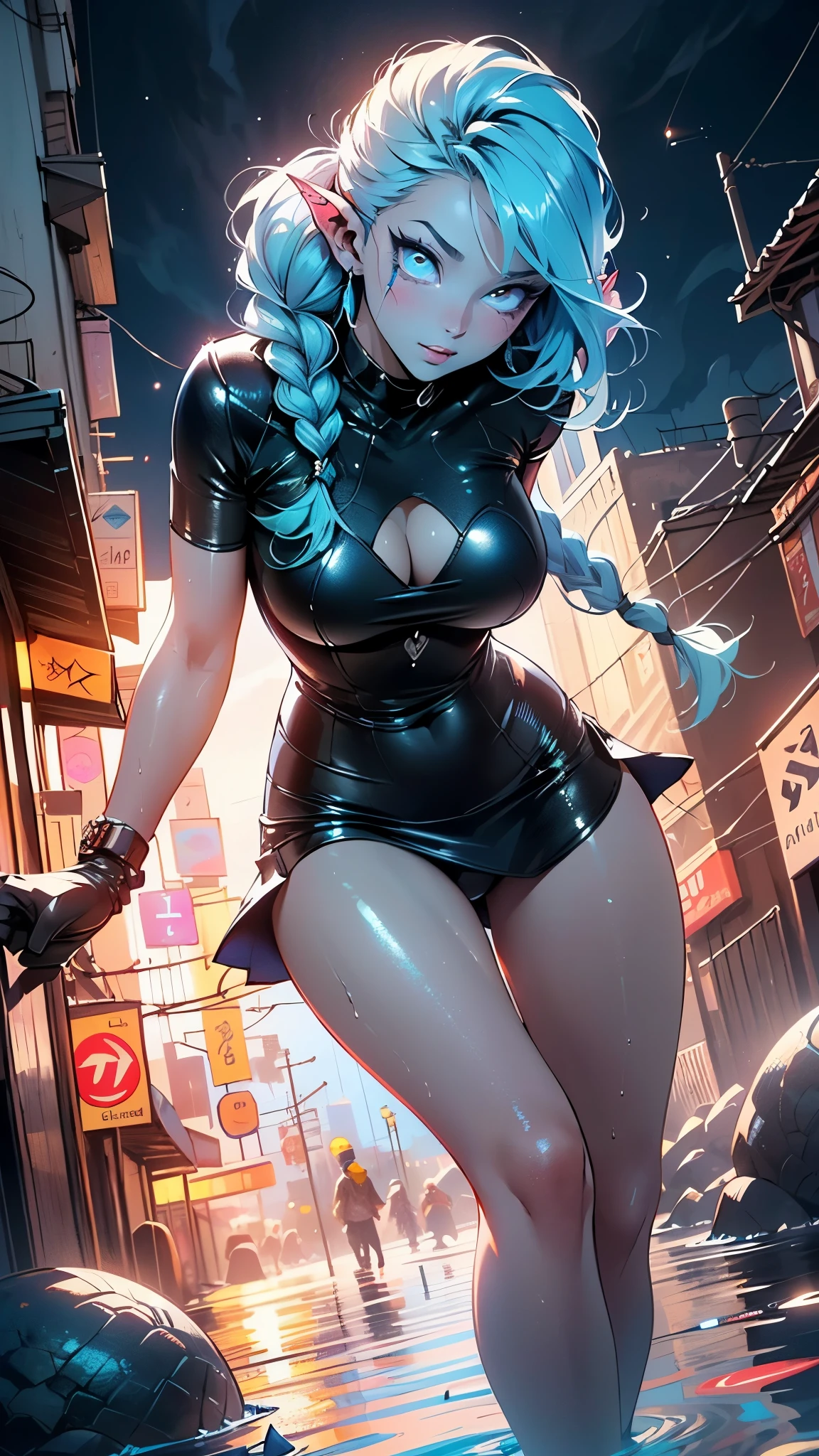 girl alien,(((1girl))),((beautiful girl alien)),
Alien Fish girl, ((blue skin:1.5)), (huge eyes:1.5), (((ear fins:1.5))), (((scaly skin:1.5))),((monster_girl)),(deep blue skin:1.5),
(light blue hair:1.5), long hair, (((braids hair:1.5))),
(glowing eyes),((heterochromia:1.5, (green_eye and blue_eye))), (((black sclera:1.5))),symmetrical eyes,(large breasts:1.4),saggy breasts,((colored inner hair,)),((fat)),(((shiny body,plastic glitter skin,exaggerated shiny skin,illuminated skin,wet legs))),(spider lower abdomen,narrow waist,wide hip,athletic body,inflated legs, thick thighs,detailed body,(detailed face)),
cute,slutty,seductive,erotic,((nsfw)),
zettai ryouiki,revealing clothing,show skin,((wearing underwater rave shirt with an yellow print,rave mini-skirt,visible thong straps)),((underpants strap)),(wearing a underwater rave outfit:1.3,underwater rave clothes,semi-naked,with little clothing),(((wet clothes,intricate outfit,intricate clothes))),
(dynamic pose:1.0),solo focus,embarrassed,(centered,scale to fit dimensions,Rule of thirds),
cyberpunk city by the ocean at night, with bright neon signs and dark stormy clouds and puddles, scenery:1.25,nighttime, starry night, cosmos,Very dark night that makes the neon lights stand out, very bright neon lights,
artistic photography,(photography taken by sldr),highres, sharp focus,(ultra detailed, extremely detailed), (photorealistic artwork:1.37),(extremely detailed CG unity 8k wallpaper),((synthwave background theme)),(((vibrant colors))),intricate,(intricate background),(masterpiece),(best quality),perfect rendered face,perfect face details,realistic face,photo realistic,analog style,((intricate detail)),(((realism))),