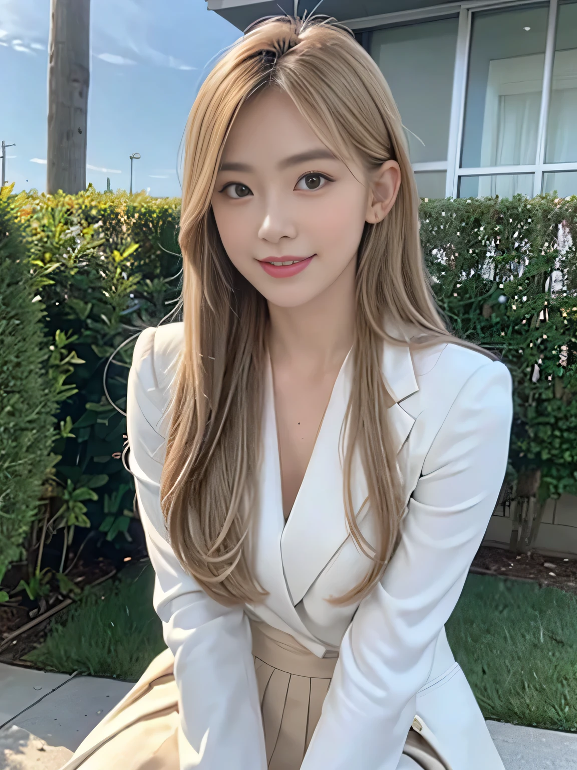 (8,000; Best Quality: 1.2), (Realistic, Realistic: 1.2), Lovely, Solo, Sky is Beautiful and Clear, Night, Moisture, Watching the Audience, (Sit: 1.5) Date, Mirai, (Nose Brush), (Smile: 1.15), Delicate eye (Deep Blonde: 1), Floating Hair Nova FrogStyle, White Suit Jacket, Burton T-shirt, Beige Pleats Skirt, Makeup, Lover's Smile, Beautiful (8,000, Yes, RAW Photo: 1.2