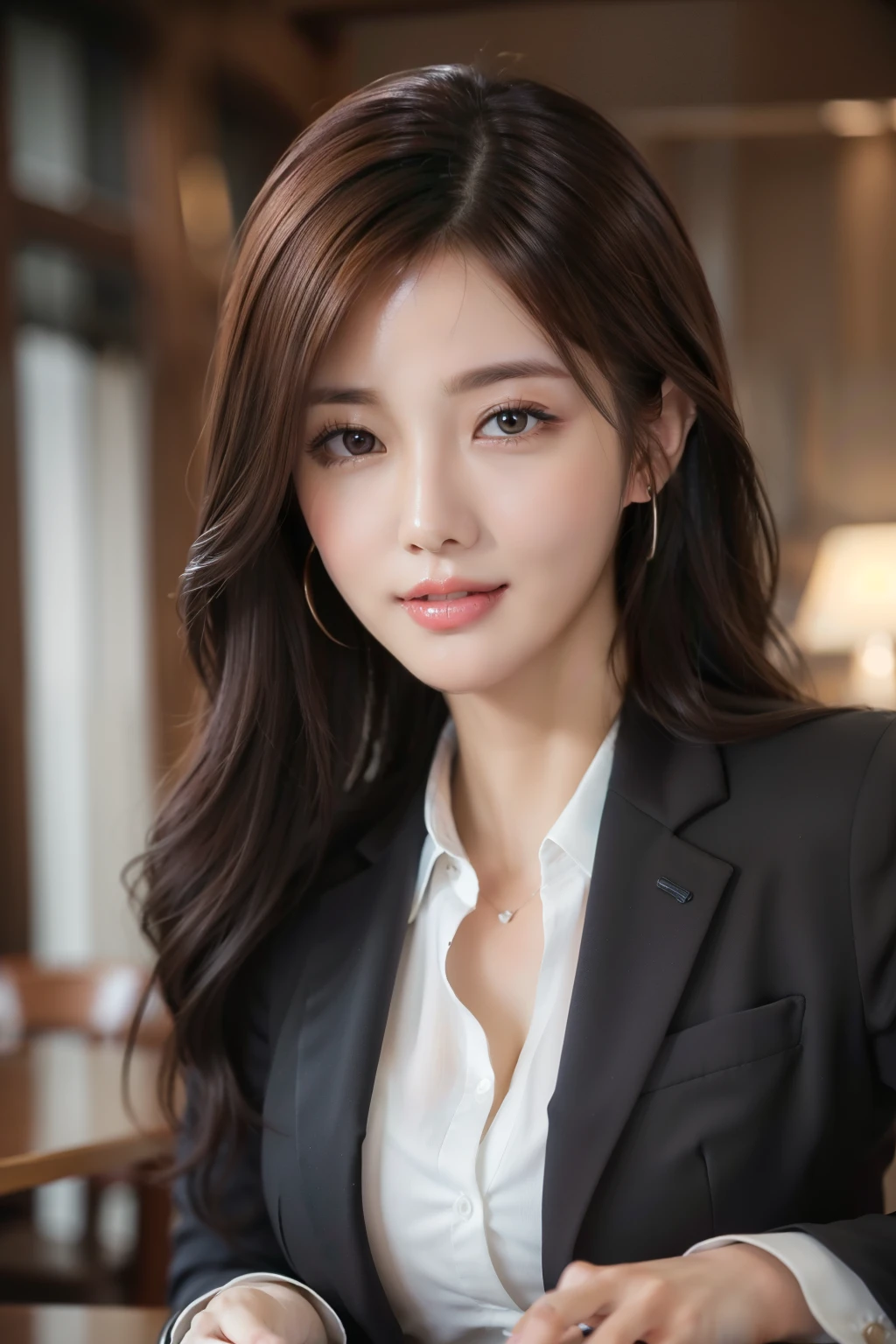 table top, highest quality, realistic, super detailed, finely, High resolution, 8k wallpaper, 1 beautiful woman,, light brown messy hair, wearing a business suit, sharp focus, perfect dynamic composition, beautiful and fine eyes, fine hair, Detailed realistic skin texture, smile, close-up portrait, model body shape