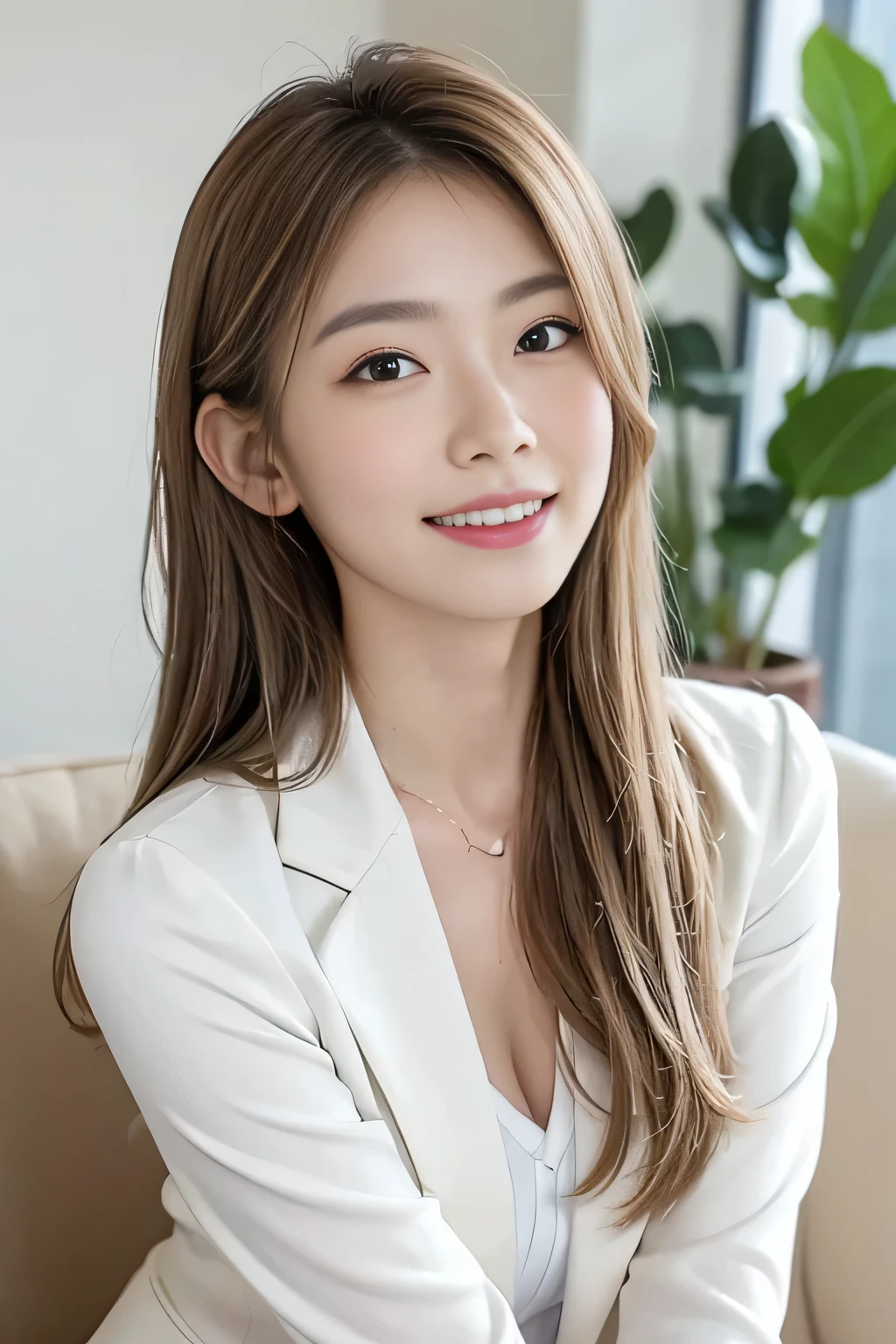 (8,000; Best Quality: 1.2), (Realistic, Realistic: 1.2), Lovely, Solo, Sky is Beautiful and Clear, Night, Moisture, Watching the Audience, (Sit: 1.5) Date, Mirai, (Nose Brush), (Smile: 1.15), Delicate eye (Deep Blonde: 1), Floating Hair Nova FrogStyle, White Suit Jacket, Burton T-shirt, Beige Pleats Skirt, Makeup, Lover's Smile, Beautiful (8,000, Yes, RAW Photo: 1.2
