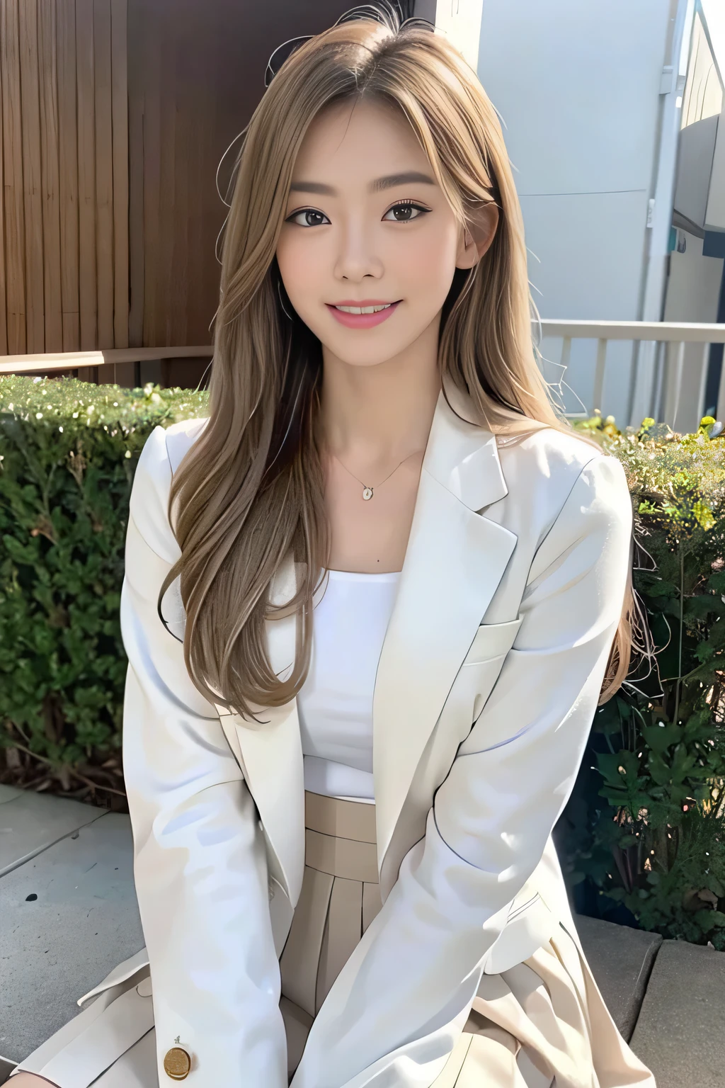 (8,000; Best Quality: 1.2), (Realistic, Realistic: 1.2), Lovely, Solo, Sky is Beautiful and Clear, Night, Moisture, Watching the Audience, (Sit: 1.5) Date, Mirai, (Nose Brush), (Smile: 1.15), Delicate eye (Deep Blonde: 1), Floating Hair Nova FrogStyle, White Suit Jacket, Burton T-shirt, Beige Pleats Skirt, Makeup, Lover's Smile, Beautiful (8,000, Yes, RAW Photo: 1.2
