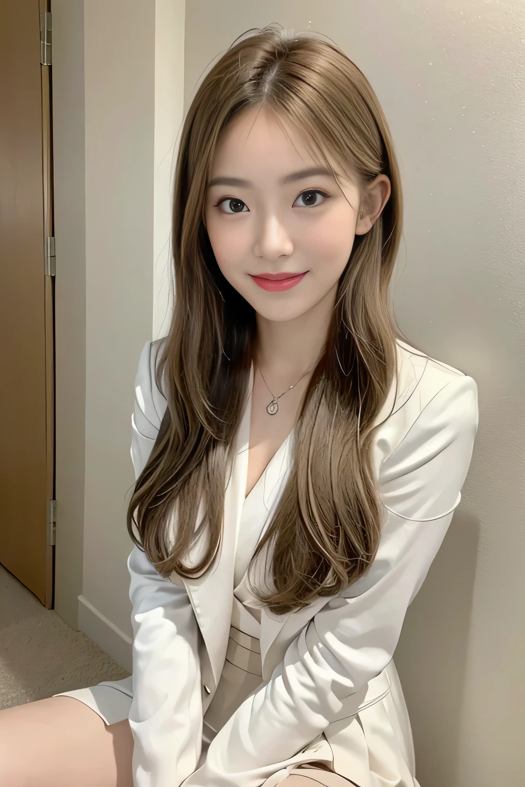 (8,000; Best Quality: 1.2), (Realistic, Realistic: 1.2), Lovely, Solo, Sky is Beautiful and Clear, Night, Moisture, Watching the Audience, (Sit: 1.5) Date, Mirai, (Nose Brush), (Smile: 1.15), Delicate eye (Deep Blonde: 1), Floating Hair Nova FrogStyle, White Suit Jacket, Burton T-shirt, Beige Pleats Skirt, Makeup, Lover's Smile, Beautiful (8,000, Yes, RAW Photo: 1.2