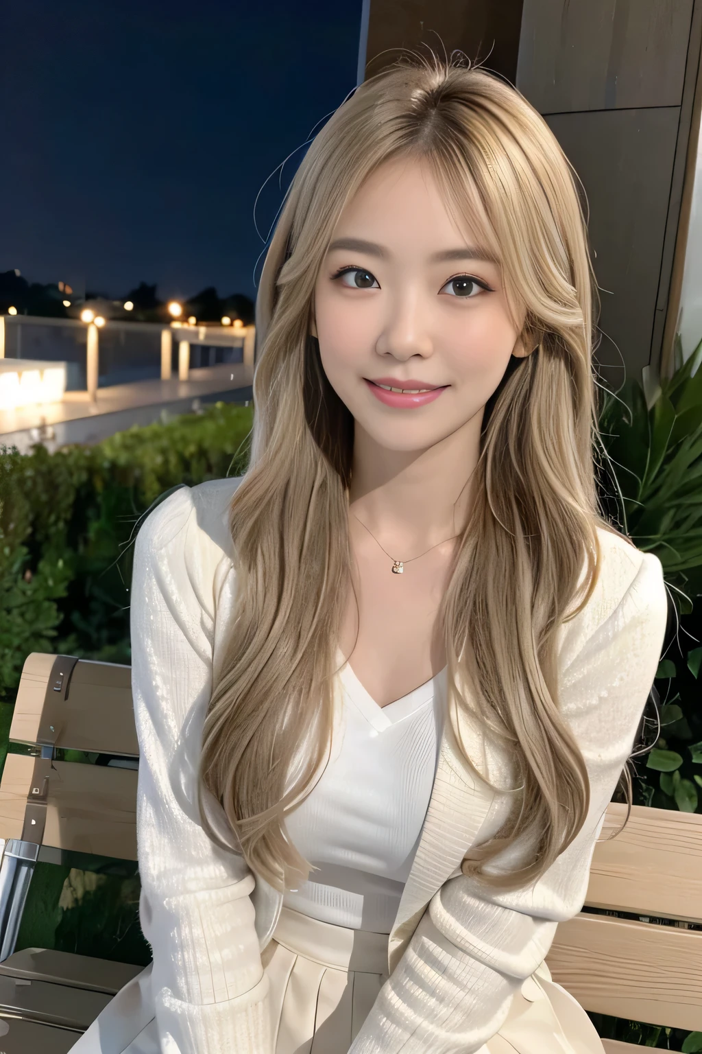 (8,000; Best Quality: 1.2), (Realistic, Realistic: 1.2), Lovely, Solo, Sky is Beautiful and Clear, Night, Moisture, Watching the Audience, (Sit: 1.5) Date, Mirai, (Nose Brush), (Smile: 1.15), Delicate eye (Deep Blonde: 1), Floating Hair Nova FrogStyle, White Suit Jacket, Burton T-shirt, Beige Pleats Skirt, Makeup, Lover's Smile, Beautiful (8,000, Yes, RAW Photo: 1.2