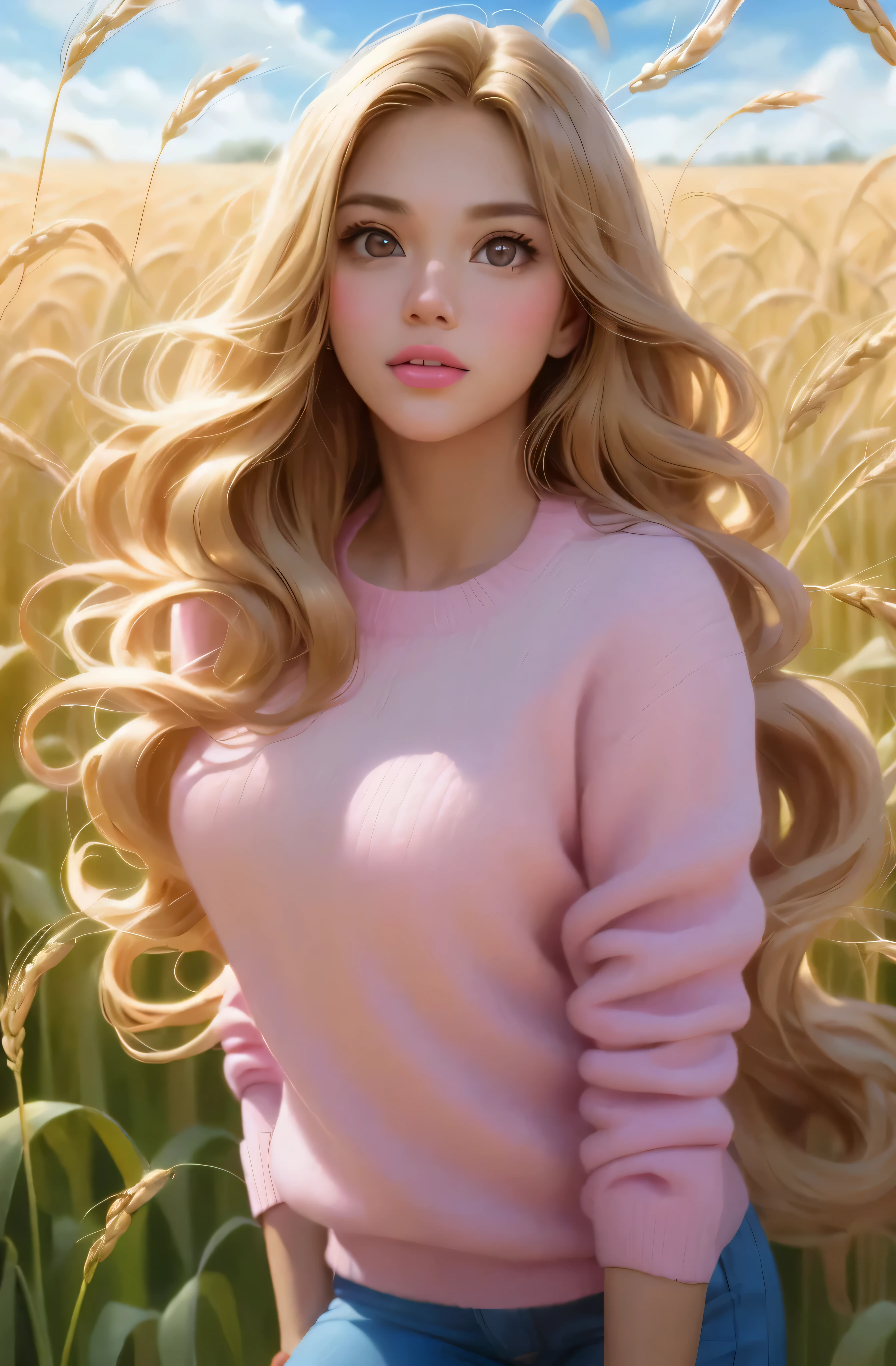 blonde haired girl in pink sweater and jeans posing in a field of wheat, blonde anime girl with long hair, adorable digital painting, cute detailed digital art, beautiful digital painting, beautiful digital artwork, gorgeous digital painting, beautiful digital illustration, realistic artstyle, realistic cute girl painting, cute digital art, realistic digital art 4k, realistic digital art 4 k, render of april