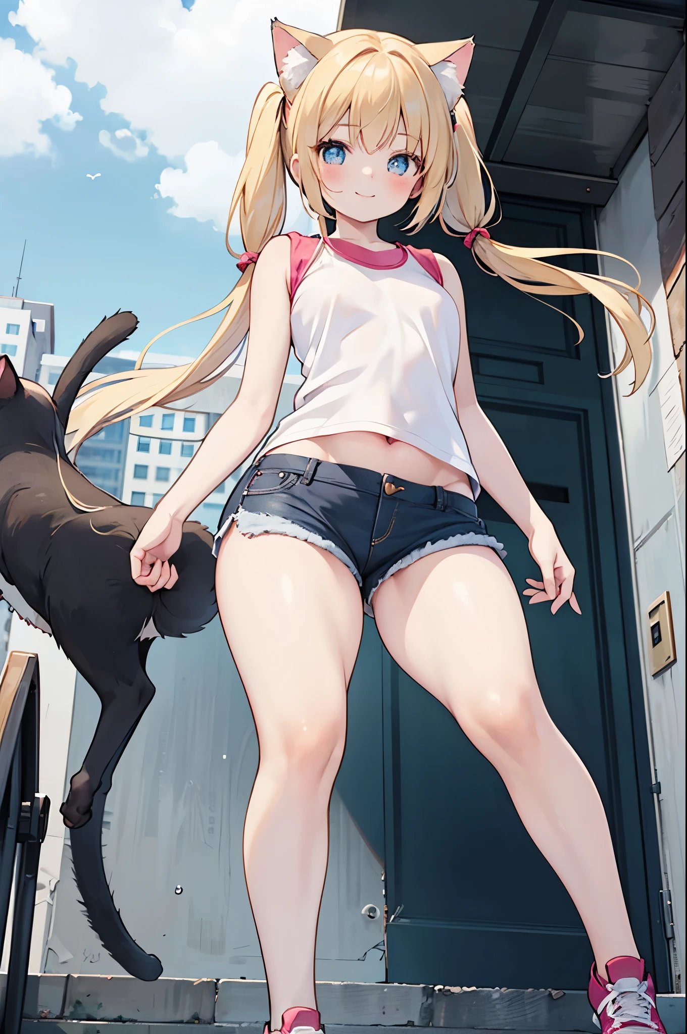 realistic image, coherent image, detailed image, 1 beautiful girl, She has blonde hair, long, silky hair styled with two heart-shaped pigtails, blue eyes, she has cat ears, a cat tail, her face is oval and delicate , smiling shyly. She is wearing a short, sleeveless t-shirt, mini shorts, mid-thigh stockings, and sneakers. She has a curvy body, small breasts, thick thighs, surrounded by buildings, windy day,