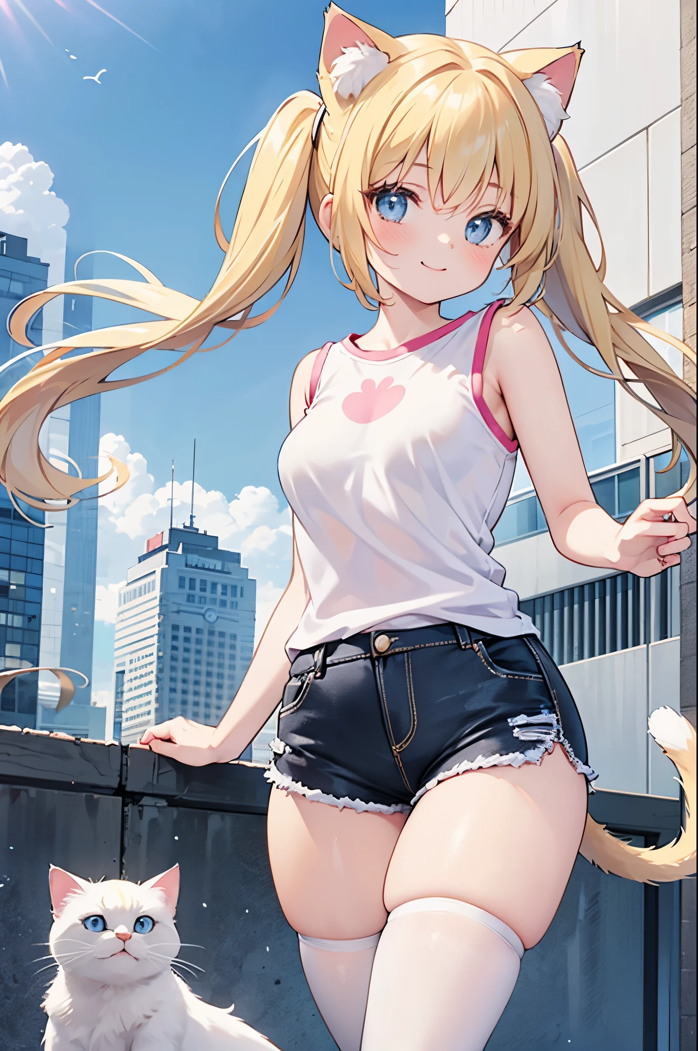realistic image, coherent image, detailed image, 1 beautiful girl, She has blonde hair, long, silky hair styled with two heart-shaped pigtails, blue eyes, she has cat ears, a cat tail, her face is oval and delicate , smiling shyly. She is wearing a short, sleeveless t-shirt, mini shorts, mid-thigh stockings, and sneakers. She has a curvy body, small breasts, thick thighs, surrounded by buildings, windy day,