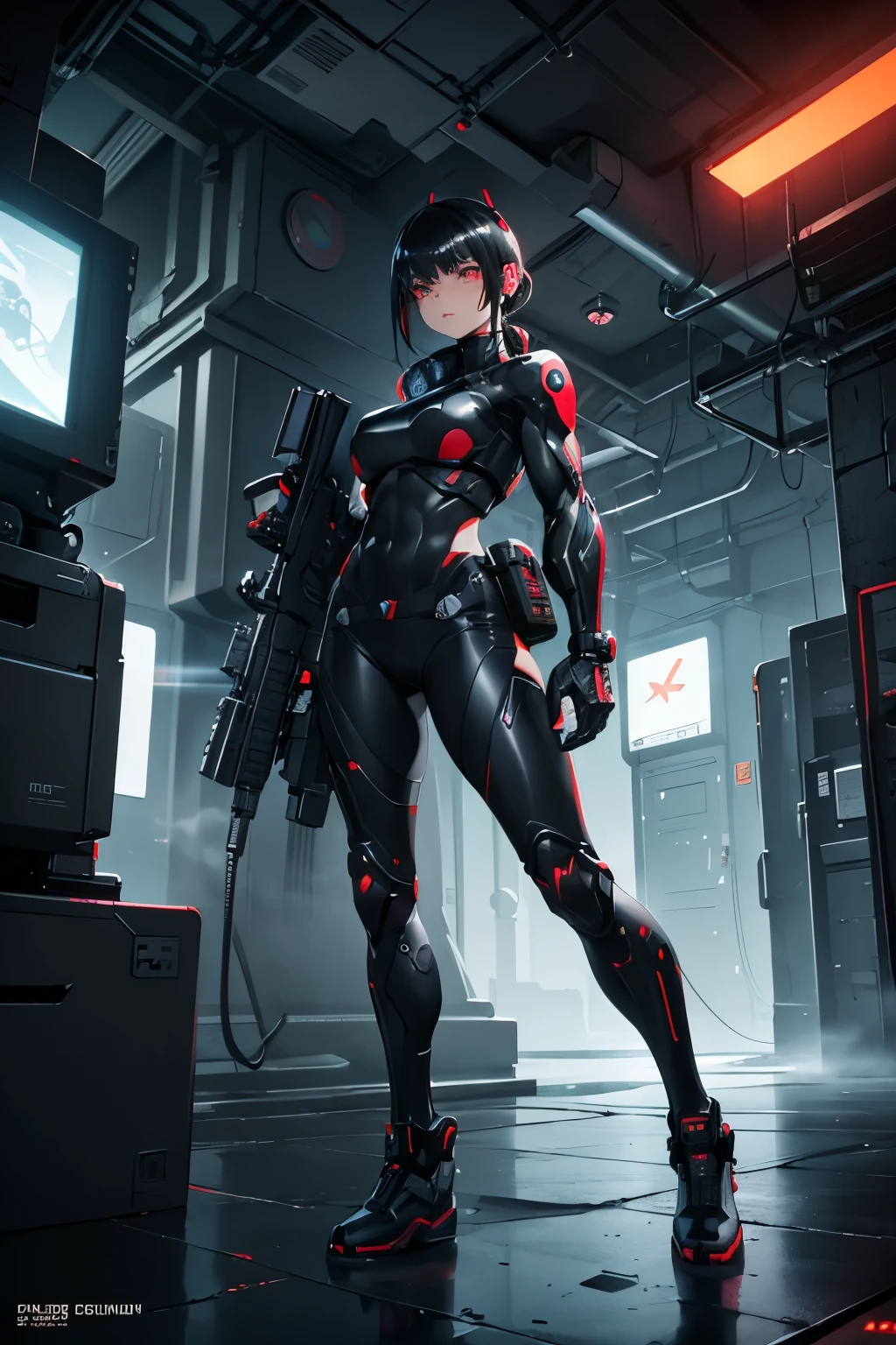 Muscle Special Forces Girl,eyes shine, Wearing black special forces equipment, with a gun in hand, full body esbian, Shoot at knee height, cyber punk, neon light, futuristic, surrealism, red,。.。.。.3D, redshift, Maxon Cinema 4D, Quaixel Megascan Rendering, Doomsday color, red light, futuristic, 1/3, high detail, super high quality, phantom engine, 8K,