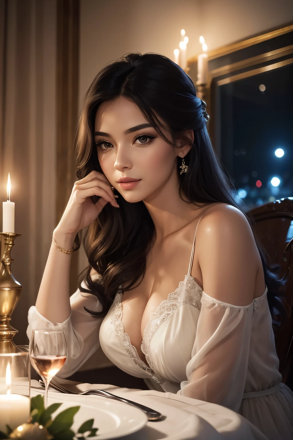 (best quality,4k,highres,masterpiece:1.2),ultra-detailed,realistic,portrait,beautiful detailed eyes,beautiful detailed lips,extremely detailed face,fitted night gown,long eyelashes,stylish,graceful,confident,romantic,low-key lighting,soft colors,reflections,expensive decor,subtle makeup,late evening,quiet ambiance,exclusive,dreamlike,dining table,candlelight,unforgettable evening,impeccable service,expensive wine,celebration,happy couple,nice view,elegant surroundings,artistic,dining experience