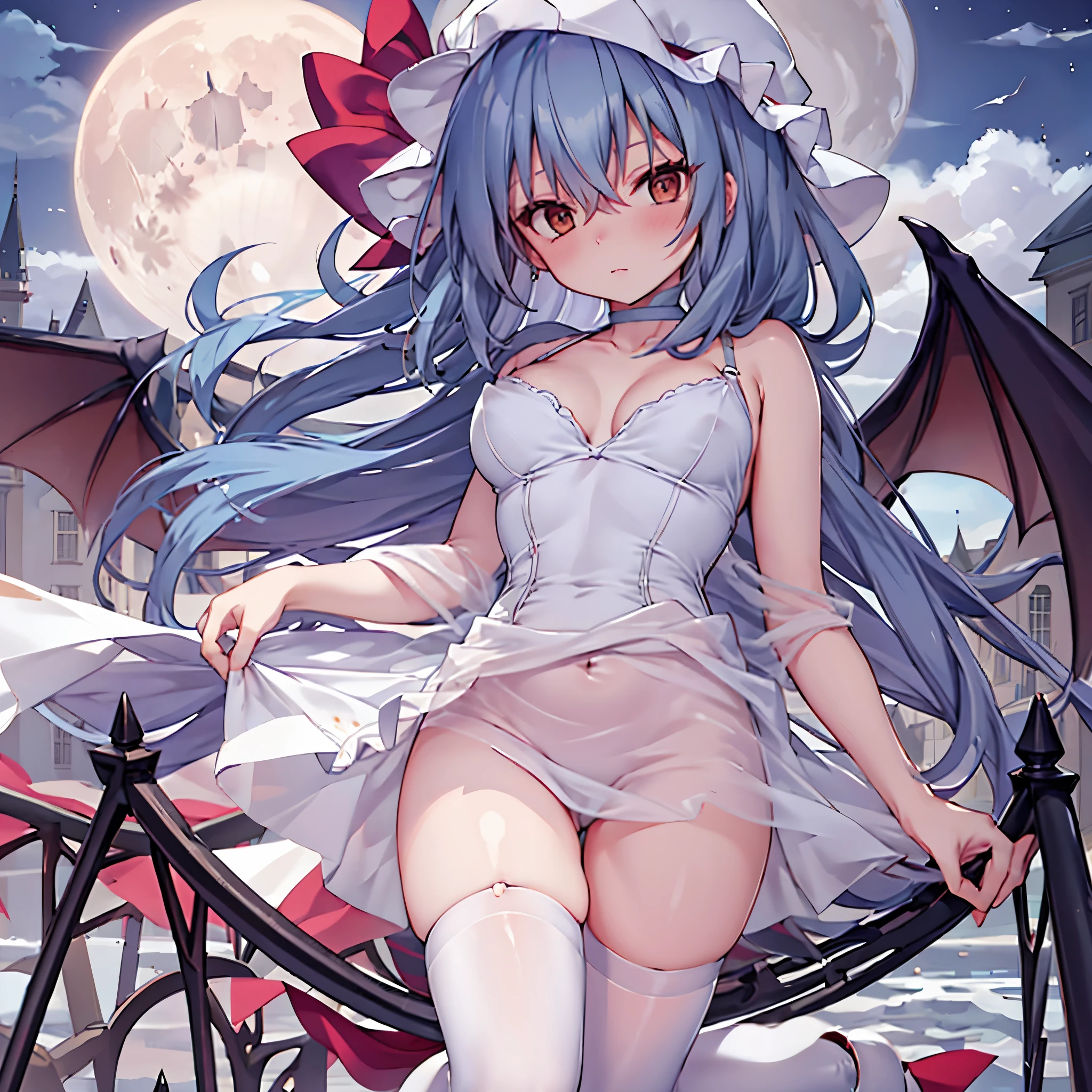 Remilia toho character, (solo:1.2), (standing on deck of mansion:1.1), a full moon, midnight, BREAK, collarbone, very perky large breasts, (emphasize cleavage), (inconceivably thin waist:1.2), (very short thin torso:1.2), very long (thin legs), emphasize thigh gap, BREAK, white dress with (plunging neckline), (brown wiry corset cinches waist too tight:1.4), (too short white miniskirt), (light blue thighhighs), BREAK, nose blush