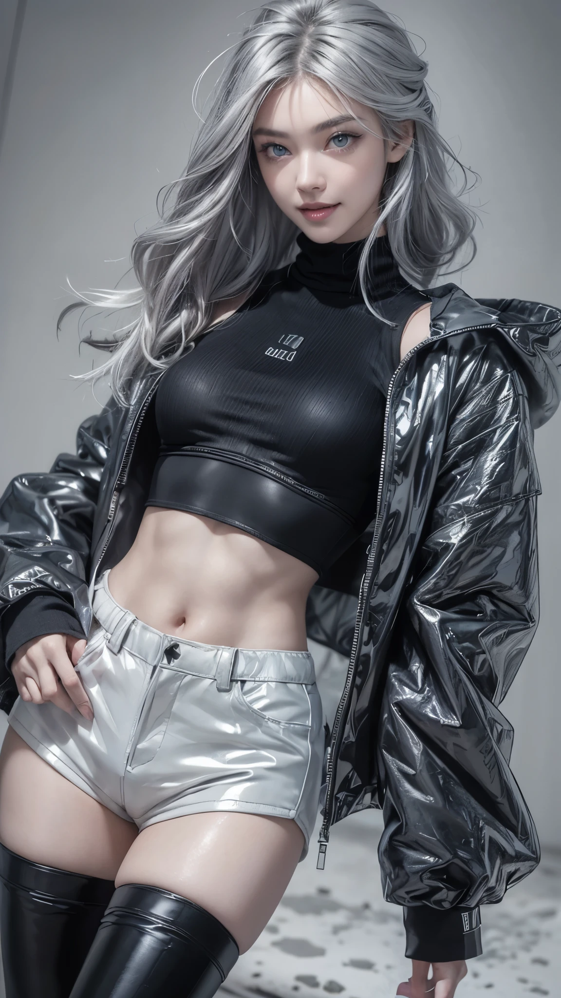 (Realistic:1.2), (fashion portrait:1.6), (brand collection, fashion brand theme:1.6), (detailed, beautiful, masterpiece, best quality:1.2), _ BREAK (1girl:1.2), 22 years old, 160 cm, Japanese cute model, Tightened all body, medium Breasts, small head, small face, diamond Face, small nose, Sharp Faceline, Detailed face, Detailed eyes, young hands and fingers, beautiful hands and fingers, five fingers, _ BREAK (happy, smile, Glossy Lips:1.3), (Light color lips, Half open mouth, beautiful Teeth:1.2), (dropy eyes, Double eyelid, light color eyes, Shiny eyes:1.5), Shiny skin, _ BREAK (arranged hairstyle:1.4), (gray hair, shiny hair, _ BREAK (gray background:1.4), mist, fog , Natural white lightning, _ BREAK (wide angle:1.4), (standing, fashion model pose:1.4), focus face, from below, BREAK (Cyberpunk and wool fusion:1.3), ((wear an oversized black wool turtleneck with rubberized surface) for a luxurious, futuristic, bodysuit, High legs, nylon, and Breaker feel:1.2), (Wear an oversized nylon black outerwear over a bodysuit:1.2), (wide sleeves:1.2), (3/4 length:1.2), (simple yet cyberpunk-themed design:1.3), BREAK (black and White theme:1.3), (Low rise short pants with a black subtle reflective pattern:1.2), BREAK (White and black horizontal stripes SOCKS:1.2), (Zettai Ryouiki:1.2),(super Thick sole technical High Sneaker with sleek metal details:1.3), (edgy and versatile:1.2),(Long drooping silver pierce:1.2),