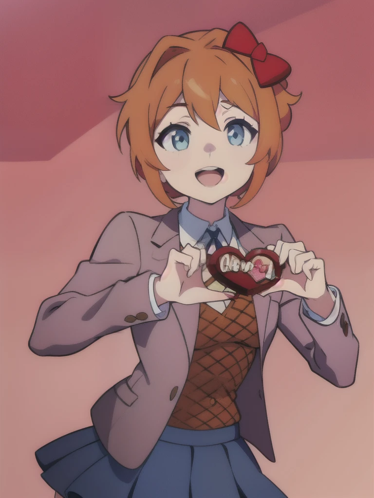 smiling, highres, 4k, Sayori, (2d, masterpiece, best quality, anime, highly detailed, cowboy shot, 1girl, solo, sayori, blue eyes, pink hair, short hair, hair bow, red bow, school uniform, blazer, brown sweater, collared shirt, neck ribbon, blue skirt, standing, clenched hands, :d, looking at viewer, ((Valentine)), ((Valentines Day)), Valentines Chocolate, ((chocolates)), color background