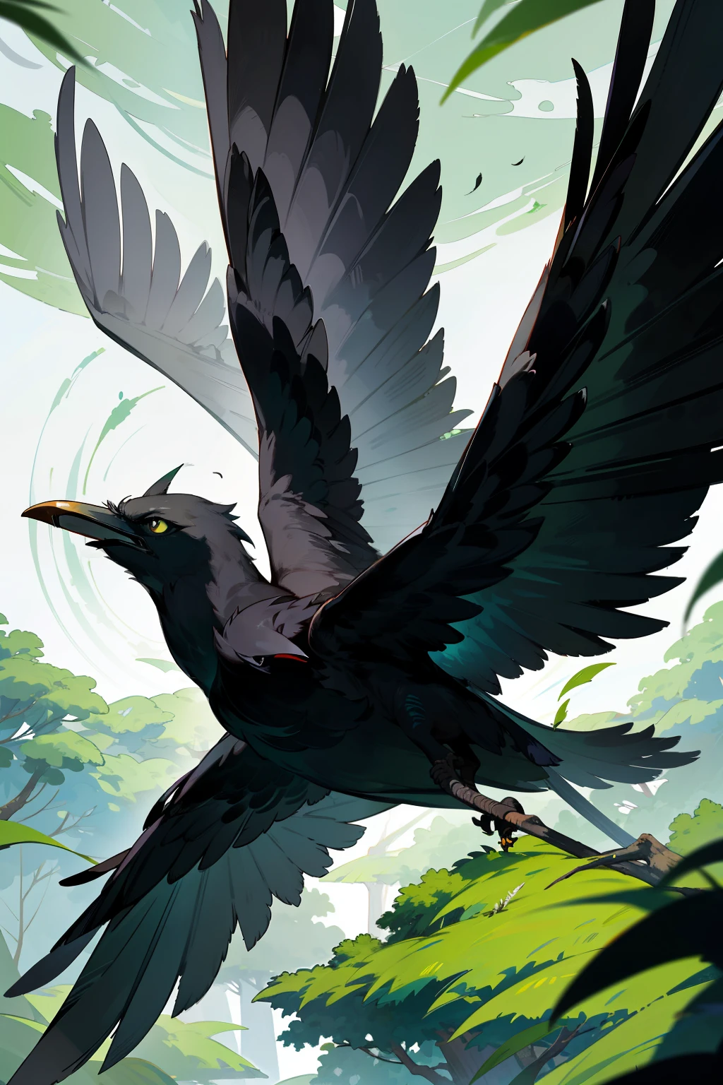 A majestic crow soars gracefully over the dense expanse of the enchanting forest, its ebony feathers contrasting beautifully against the vibrant green foliage.